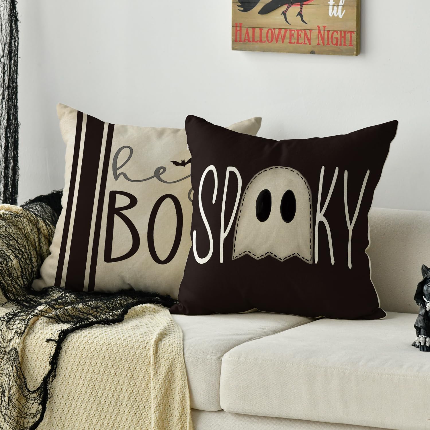 Avoin Colorlife Halloween Hey Boo Cute Ghost Spooky Throw Pillow Covers, 18 X 18 Inch Horror Scary Cushion Case For Sofa Couch S