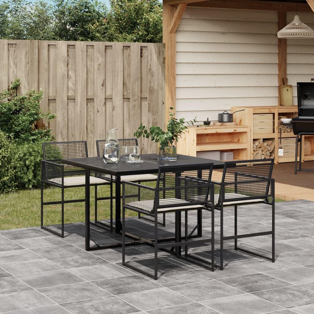 vidaXL Patio Dining Set with Cushions 5-Piece Black Poly Rattan Garden Furniture, Foldable Chairs, Glass Tabletop, UV-Resistant