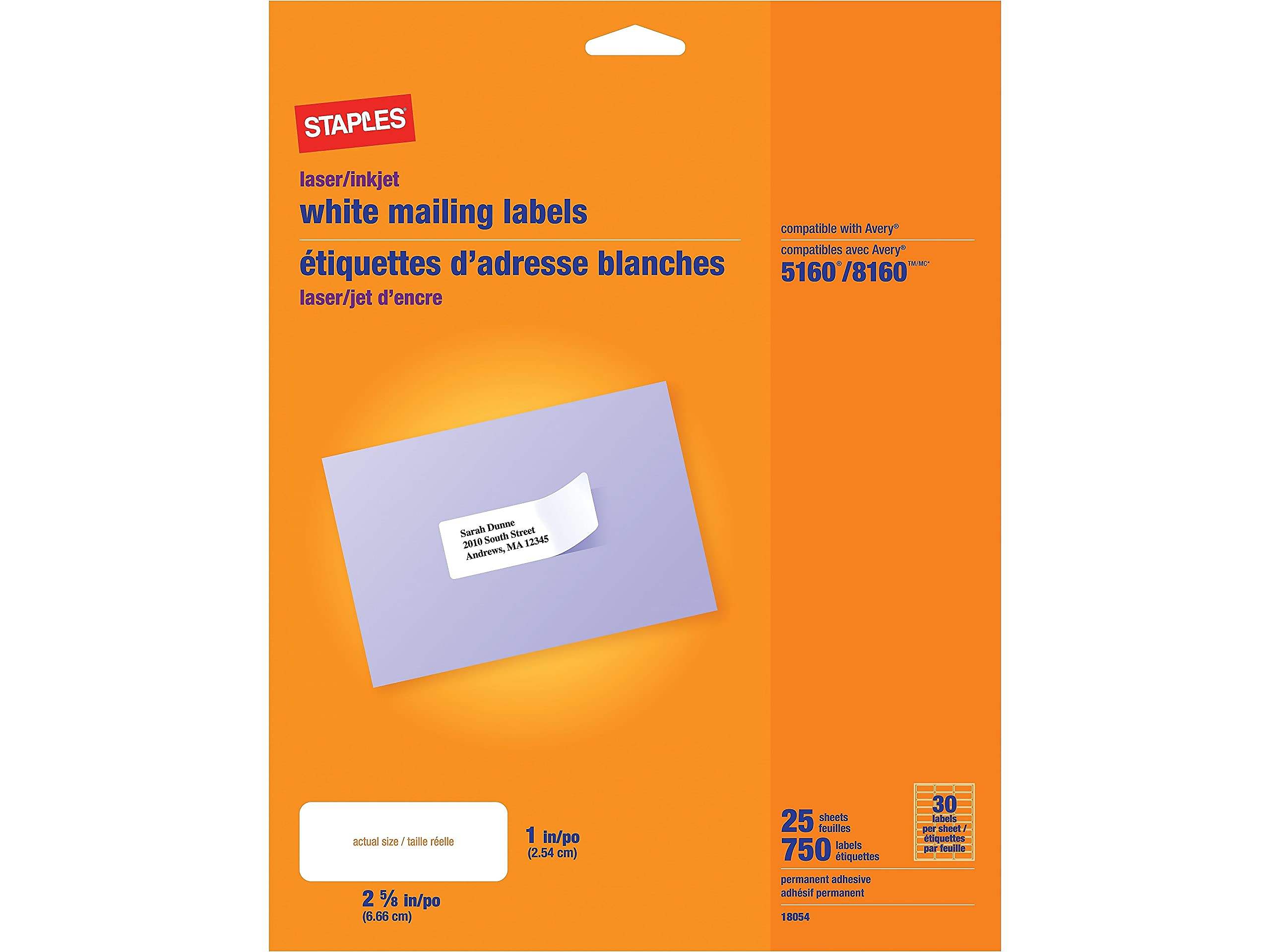 White Mailing Labels For Laser & Inkjet Printers, 1' X 2-5/8', 750/Box