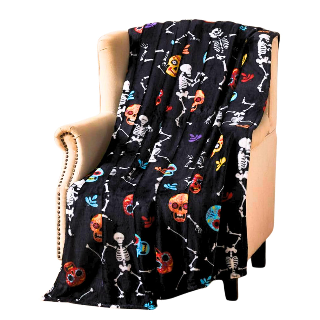 Haunted Halloween Fleece Throw Blanket: Halloween Rock N' Roll Dancing Skeleton Sugar Skulls Print on Soft Velvet Fleece Throw B