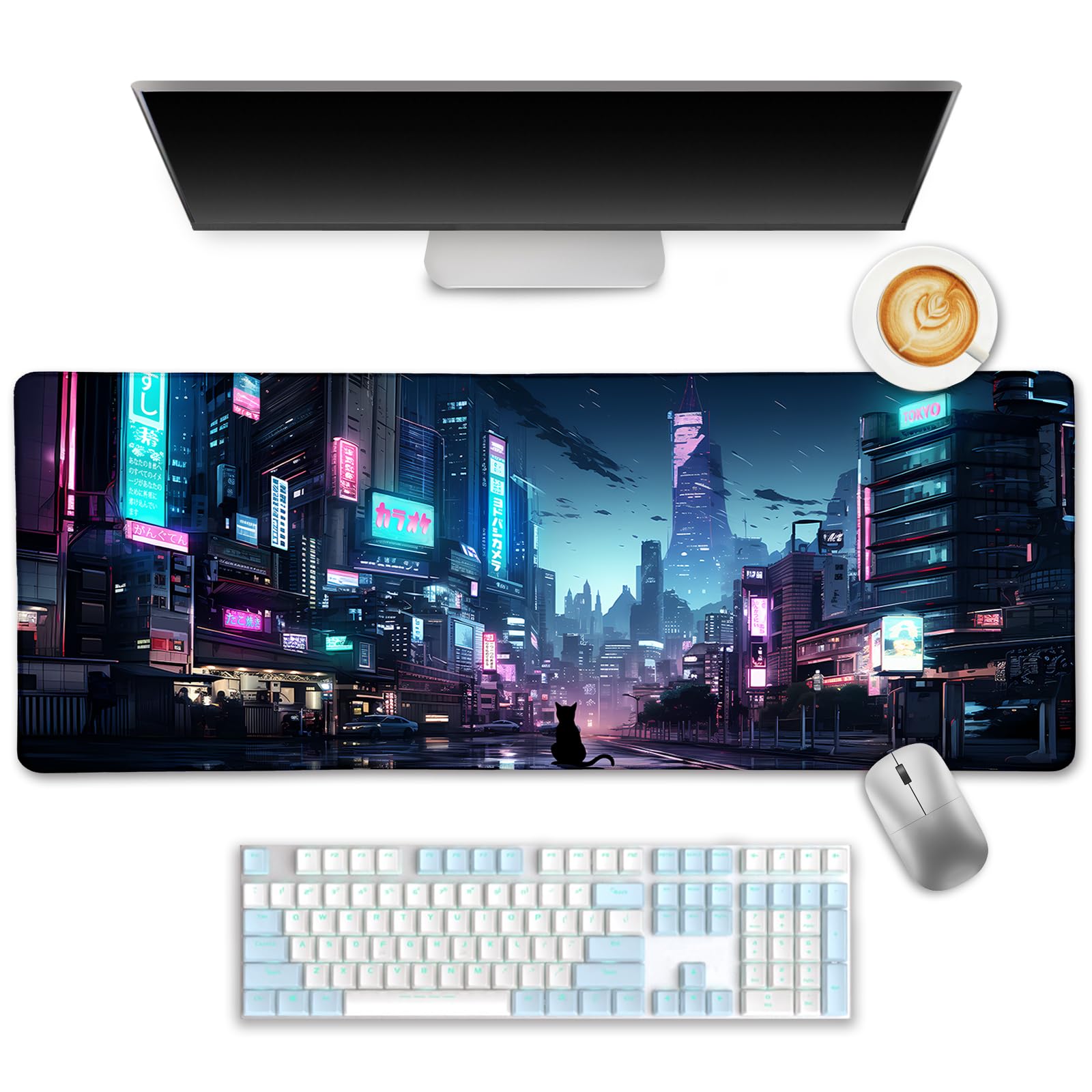 Limkrian Cyberpunk Mouse Pad, Japanese Anime Cat Desk Mat Desk Pad, Neon Tokyo Extended Gaming Mouse Pads For Desk, Keyboard Mou