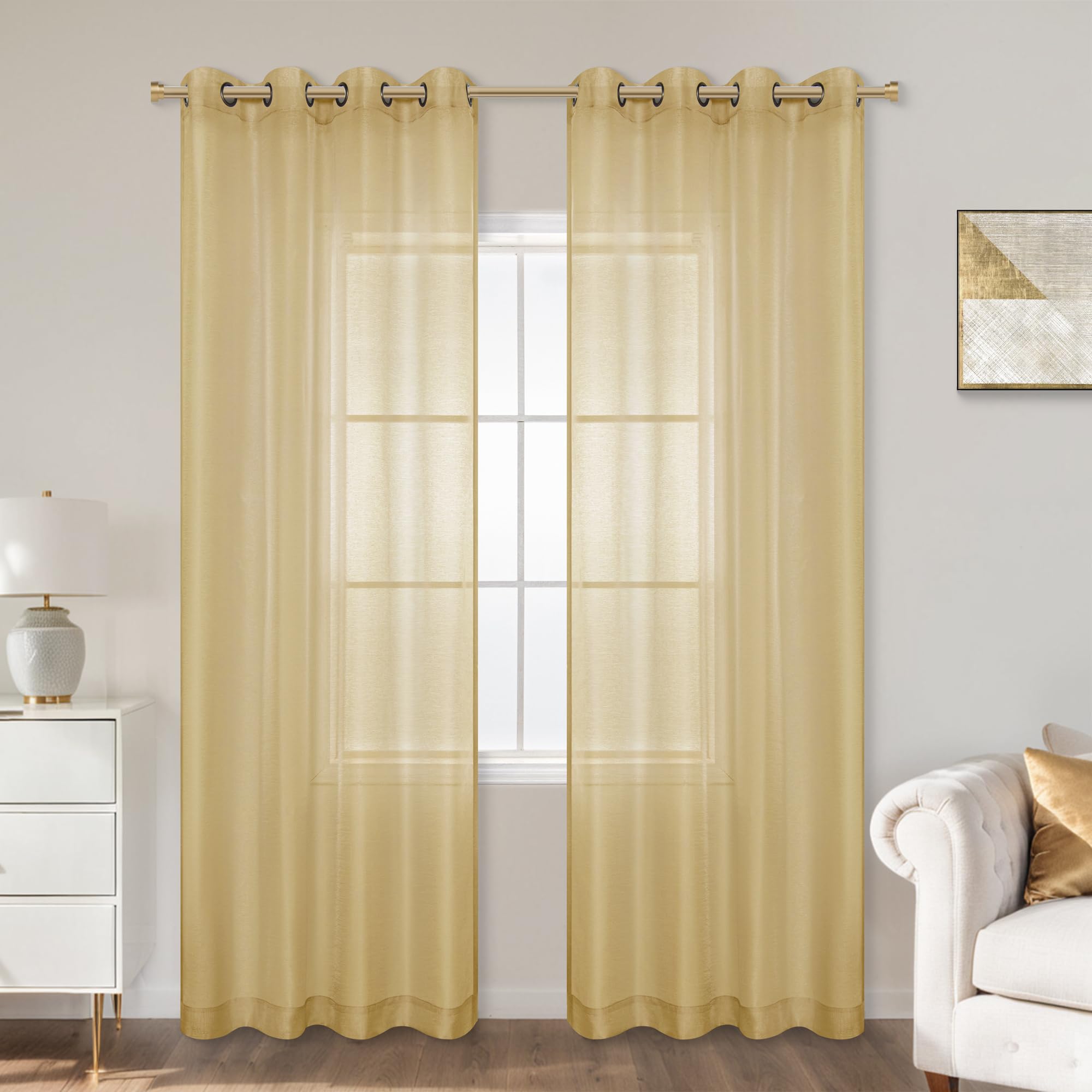 Koufall 96 Inch Curtains Long 2 Panels Set,Sheer Gold Retro Mid Century Modern Curtains Drapes For Living Room 96 Inch Length