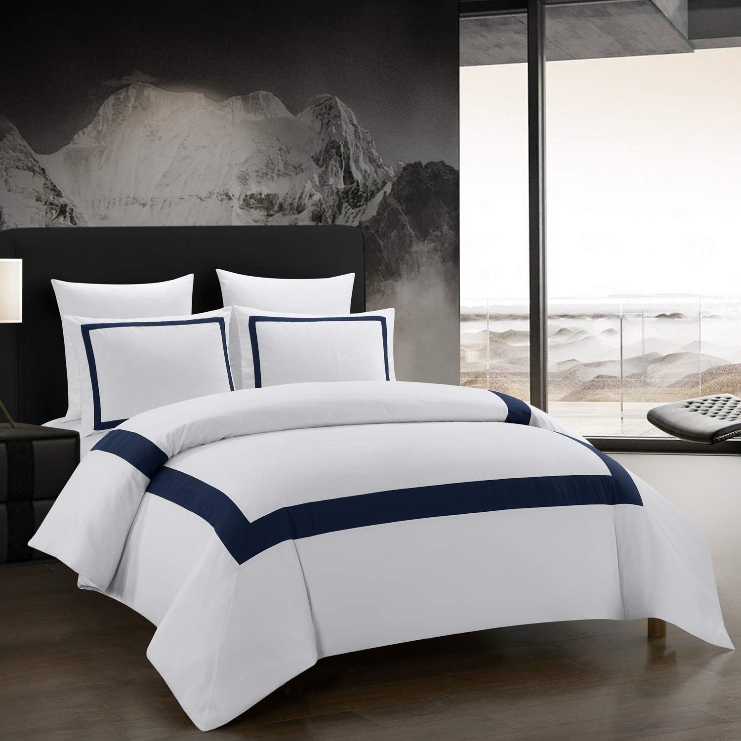 Osvino Hotel Duvet Cover Set Twin Size 2Pcs Microfiber Navy Line Pattern Bedding Collection Ultra Soft Breathable Duvet Cover Wi