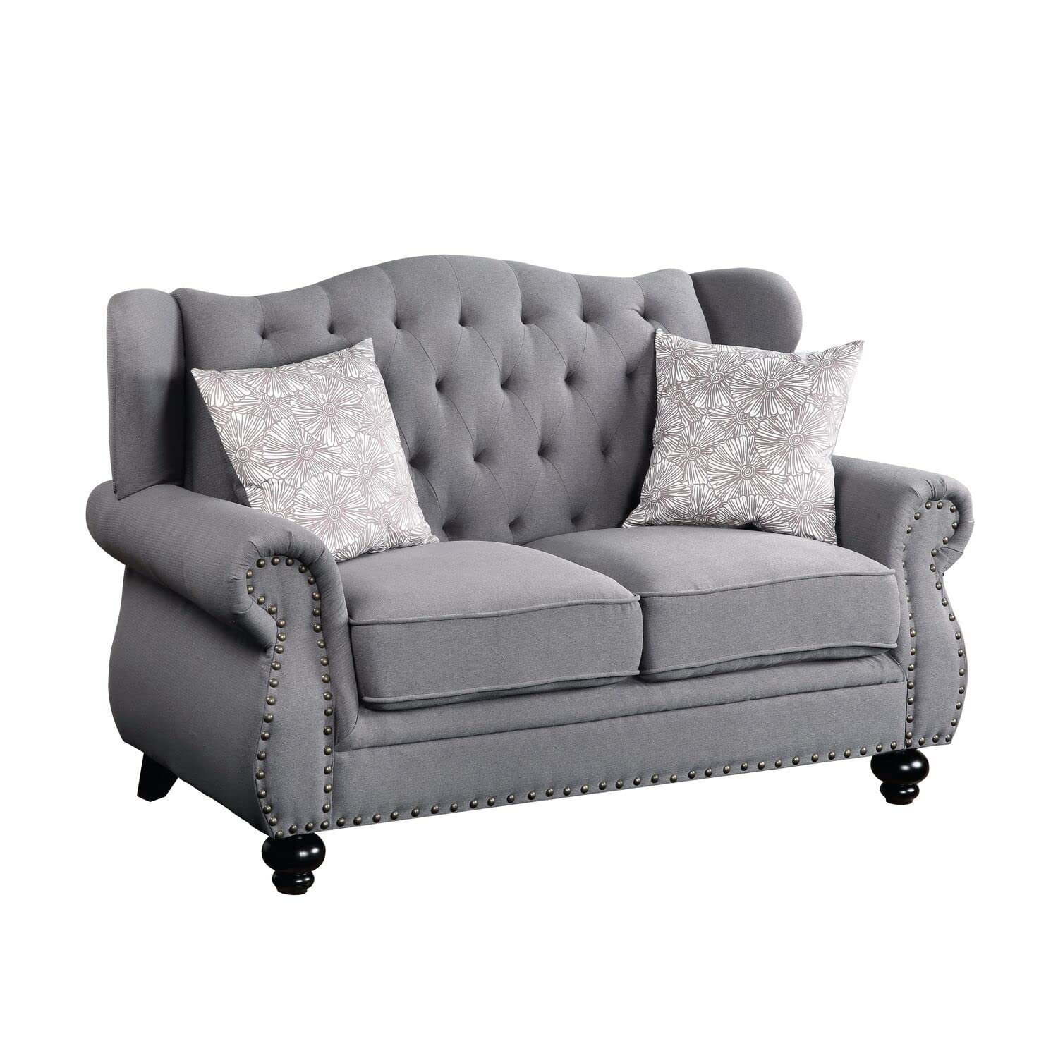 Acme Hannes Loveseat with 2 Pillows in Gray Fabric