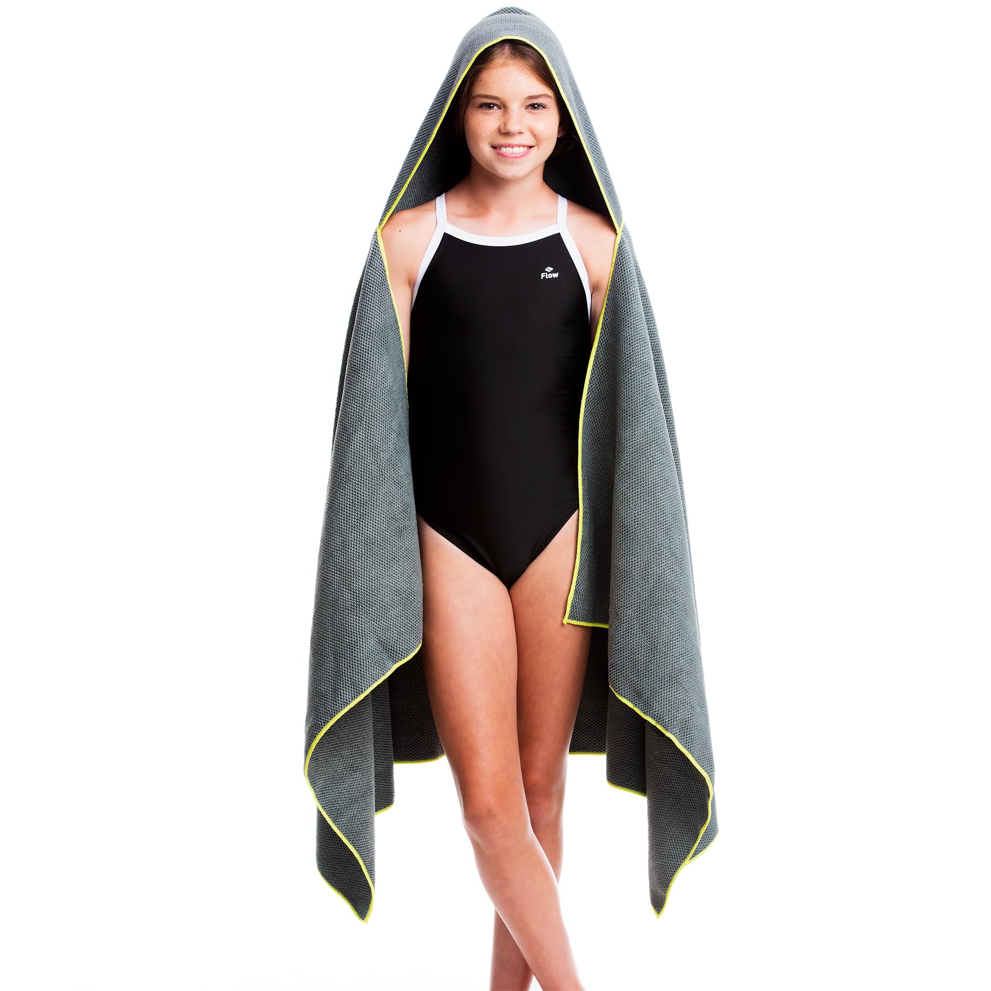 Flow Quick Dry Swim Towel with Hood - Microfiber Hooded Towel for Competitive Swimming and Other Water Sports (Gray)