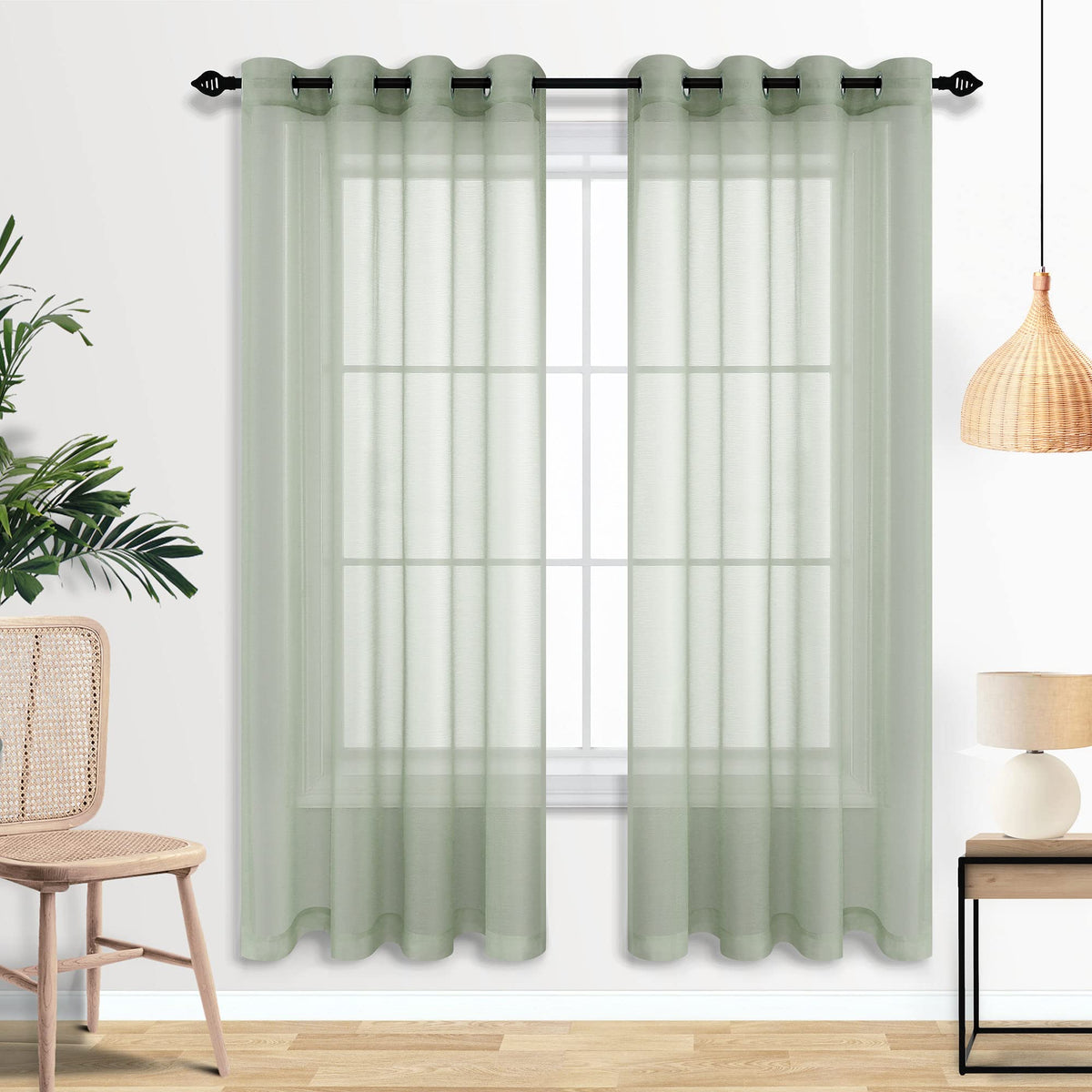 Light Green Sheer Curtains 63 Inches Long For Bedroom Grommet Light Weight Soft Sage Green Airy See Through Faux Linen Voile Win