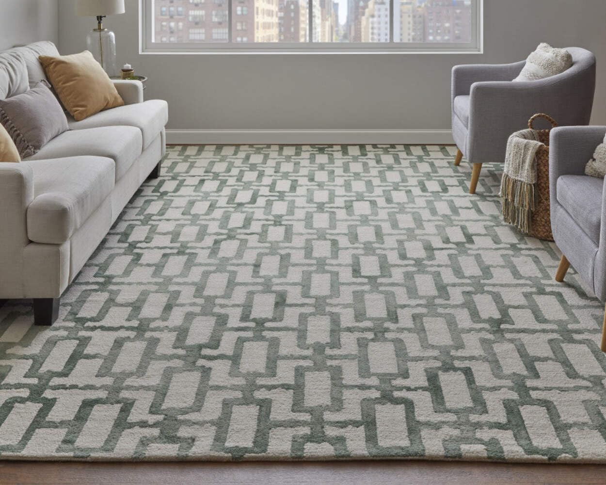 HomeRoots 511100 8 x 11 ft. Ivory & Green Wool Geometric Hand Tufted Handmade Rectangle Area Rug