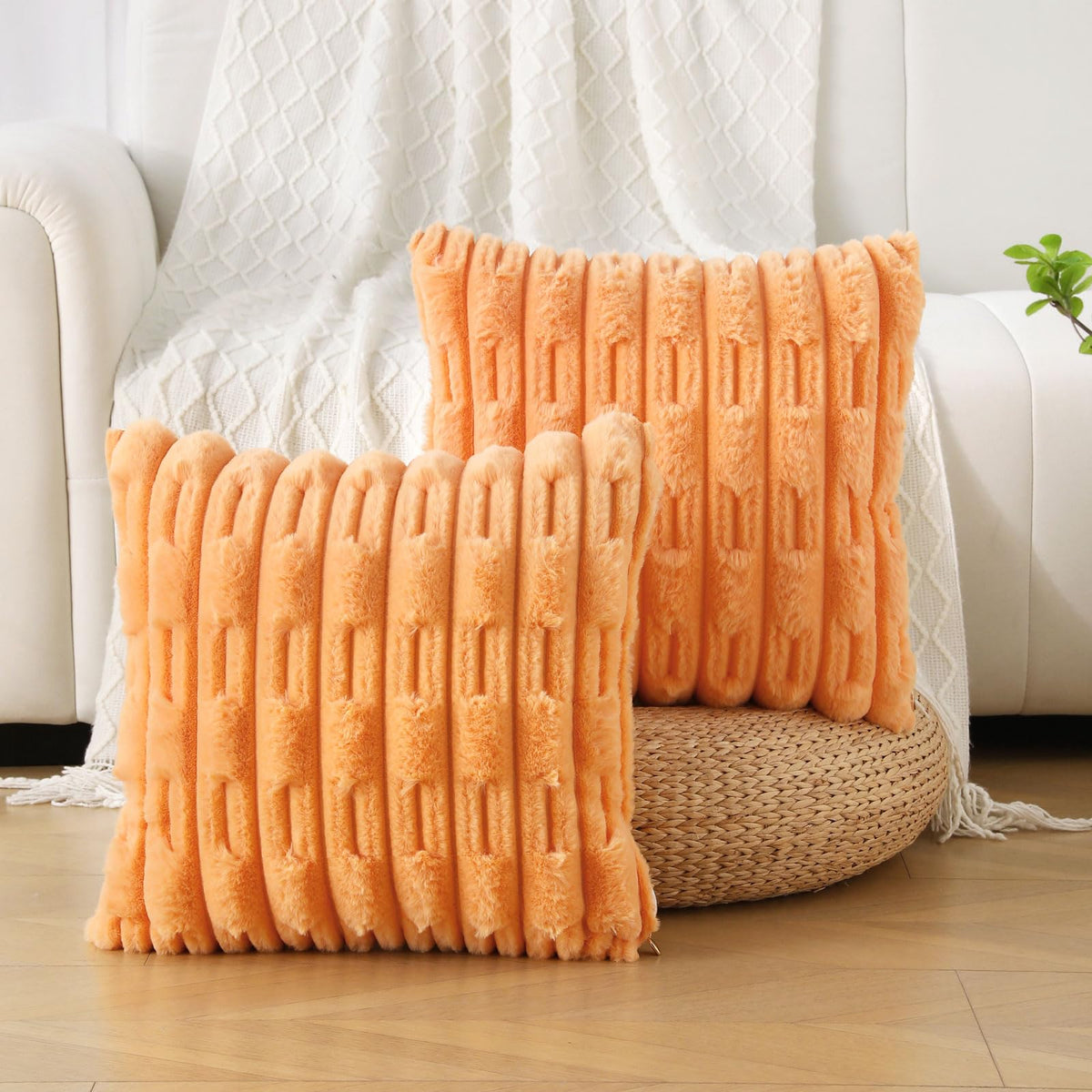 Futei Orange Striped Decorative Throw Pillow Covers 20X20 Inch Set Of 2,Square Cushion Case,Soft Faux Rabbit Fur & Velvet Back,M