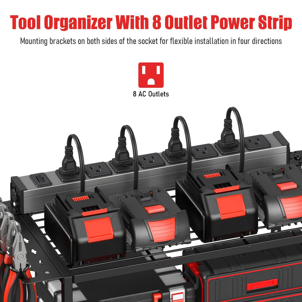 Junnuj Tool Organizer With Charging Station, 3 Layers Wall Mount Garage Tools Storage With 8 Outlets Power Strip, 4 Drills Holder Battery Heavy Duty Metal Shelf, Utility Rack With Hooks, Black
