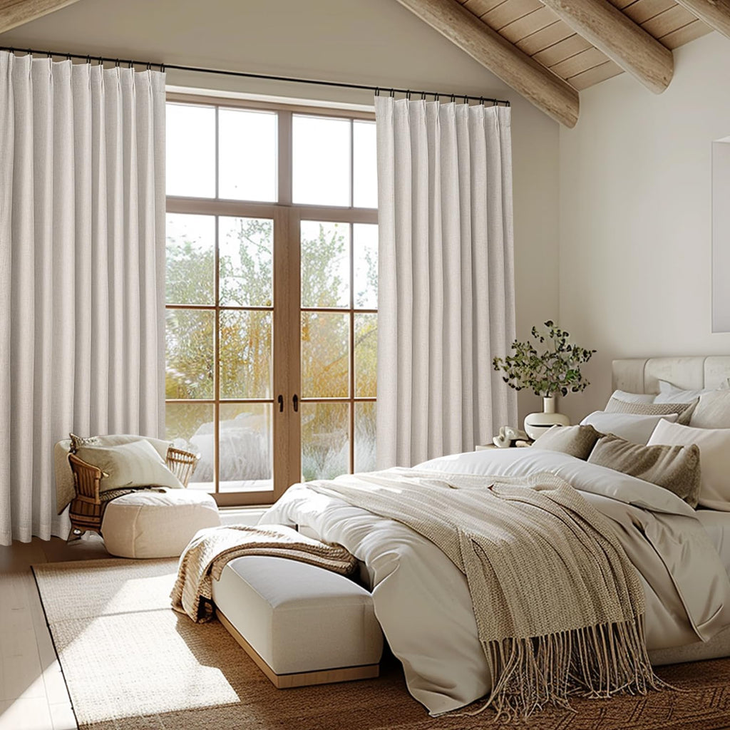Miulee Natural Pinch Pleated 100% Blackout Linen Curtains For Bedroom, Room Darkening Light Blocking Window Curtains 84 Inches L