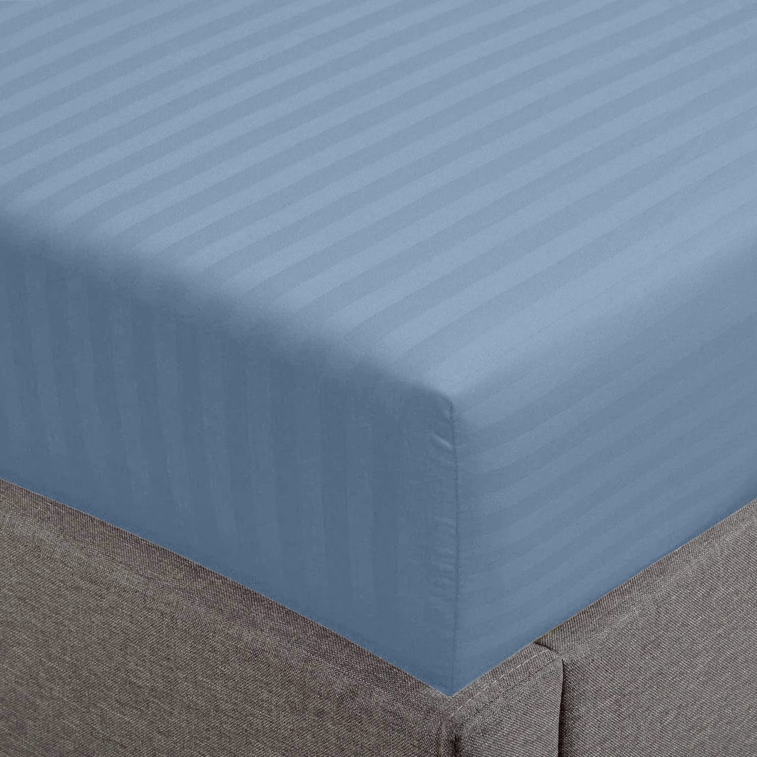 Feather & Stitch 100% Cotton 1 Piece Damask Stripe Full Fitted Sheet 500 Thread Count Blue 18 Inch Extra Deep Pocket Luxury Sateen Weave Stretchable Boxer Elastic Fits Mattress Perfectly