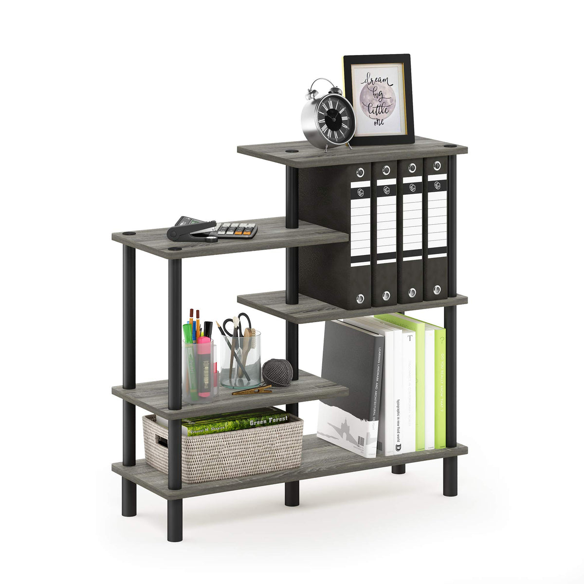 Furinno Turn-N-Tube 5-Tier Accent Display Rack, French Oak Grey/Black