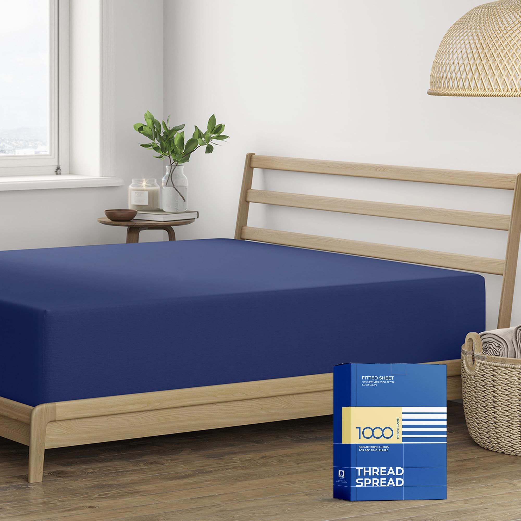 Thread Spread Luxury Egyptian Cotton King Fitted Sheet Only - 1000-Thread-Count King Size Fitted Sheet, Soft, Cooling, Sateen Weave Hotel Quality Bottom, Fits Upto 18' Deep Pocket Mattress - Navy Blue