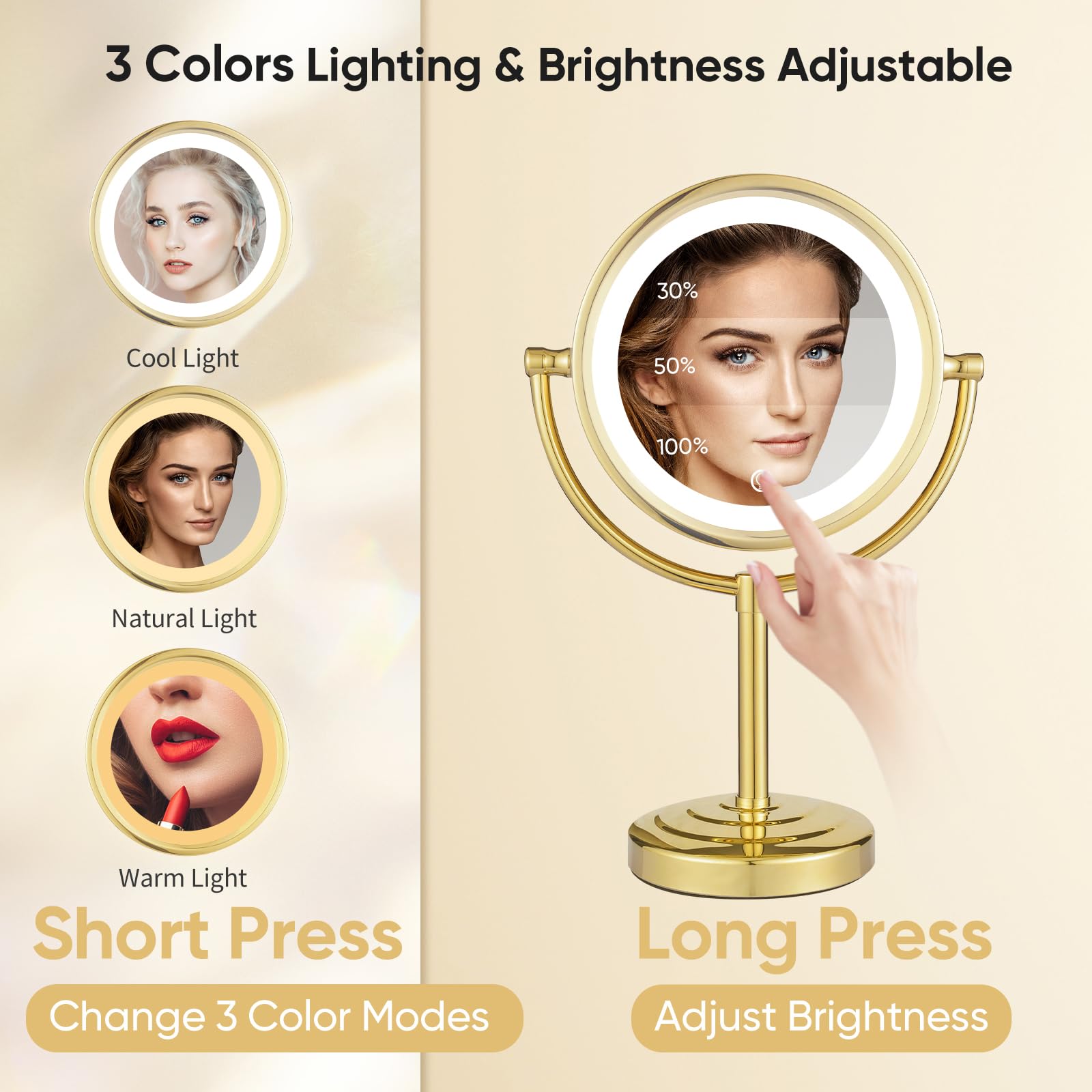 Gurun 8.5 Inch Rechargeable Led Lighted Tabletop Makeup Mirror With 10X Magnification Dimmable 3 Colors Touch Control 4500Mah Do