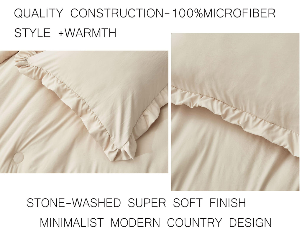 Chezmoi Collection Nora Light Sand Comforter Set King Size 3-Piece Fluffy Soft Lightweight Bedding Ruffled Edge Trim Stone-Washe