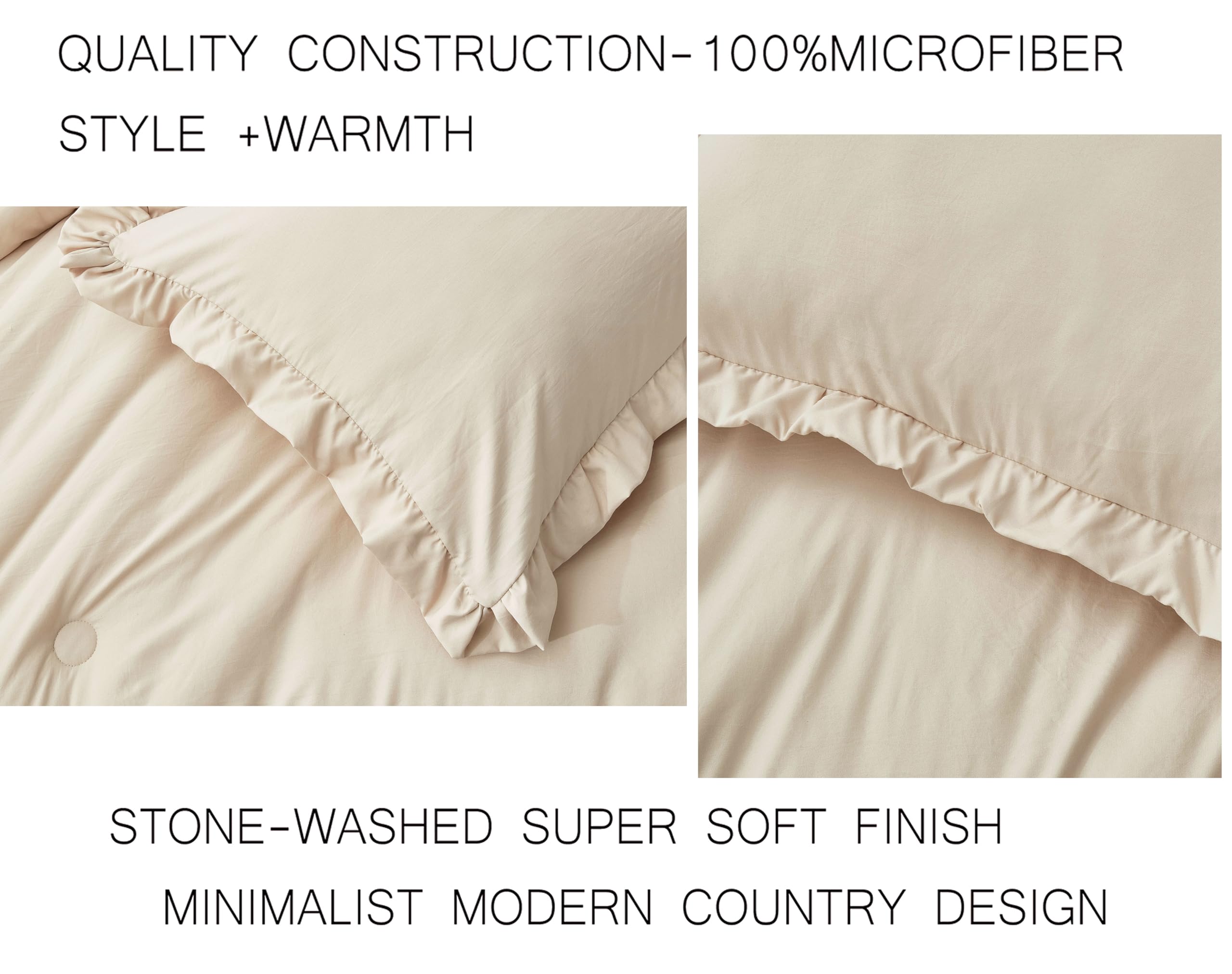 Chezmoi Collection Nora Light Sand Comforter Set King Size 3-Piece Fluffy Soft Lightweight Bedding Ruffled Edge Trim Stone-Washe