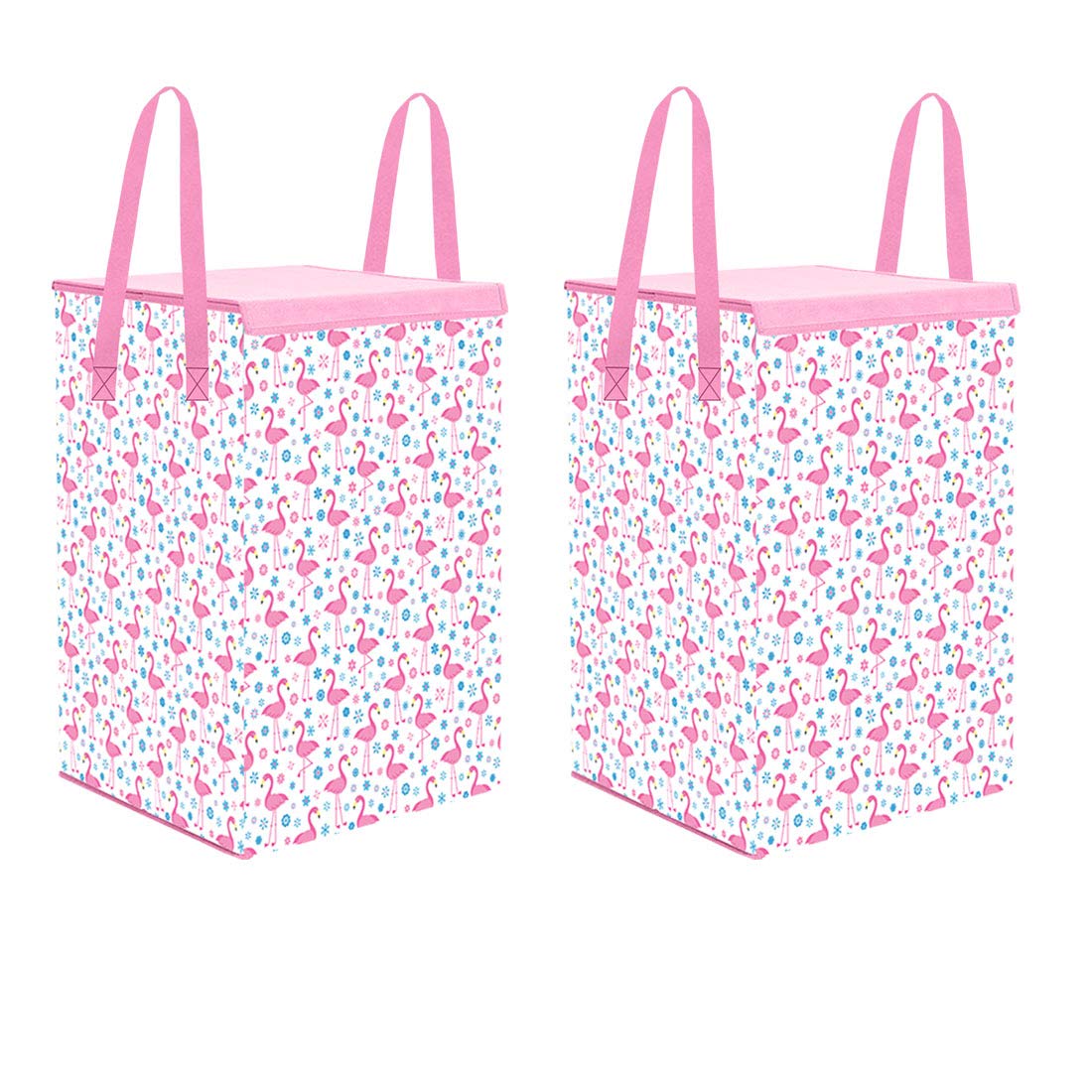 PrettyKrafts 75L Non Woven Swan Printed Rectangular Foldable Large Laundry Bag/Basket With Lid & Handles, Freestanding Cloth Sto