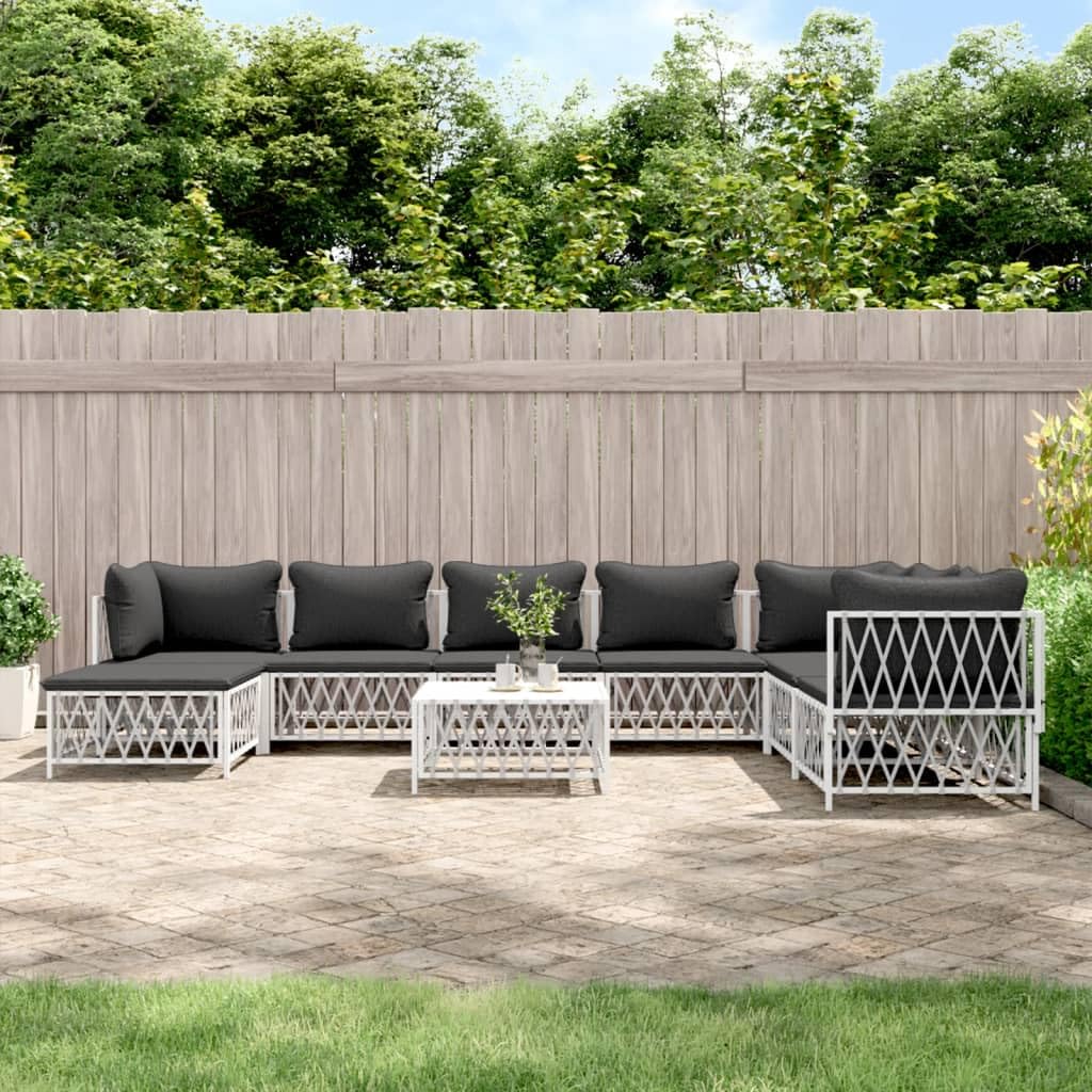 vidaXL 9 Piece White Patio Lounge Set - Stylish Outdoor Sofa Set with Cushions, Powder-Coated Steel Frame, Modular Design, Easy to Assemble, Modern Style, Ideal for Garden, Patio.