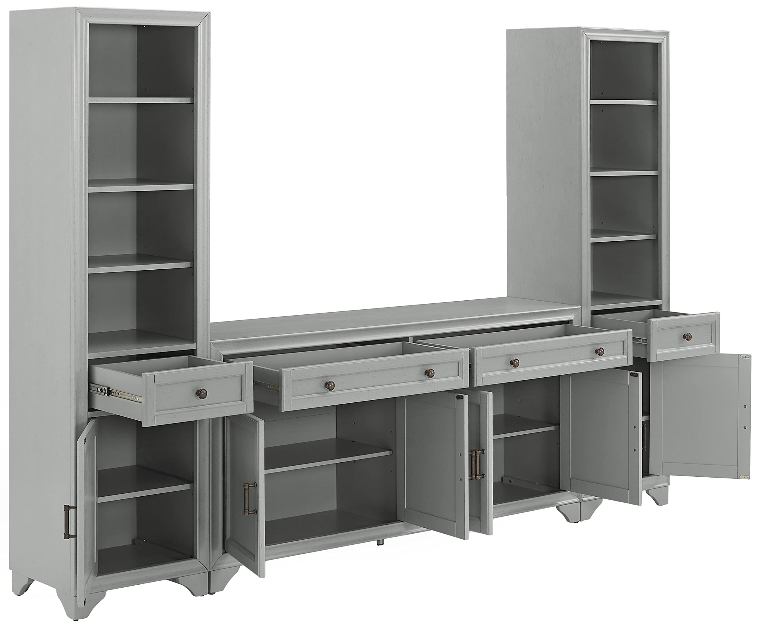 Crosley Furniture Tara 3-Piece Modern Farmhouse Sideboard Buffet Cabinet and Bookcase Set with Storage, Distressed Gray