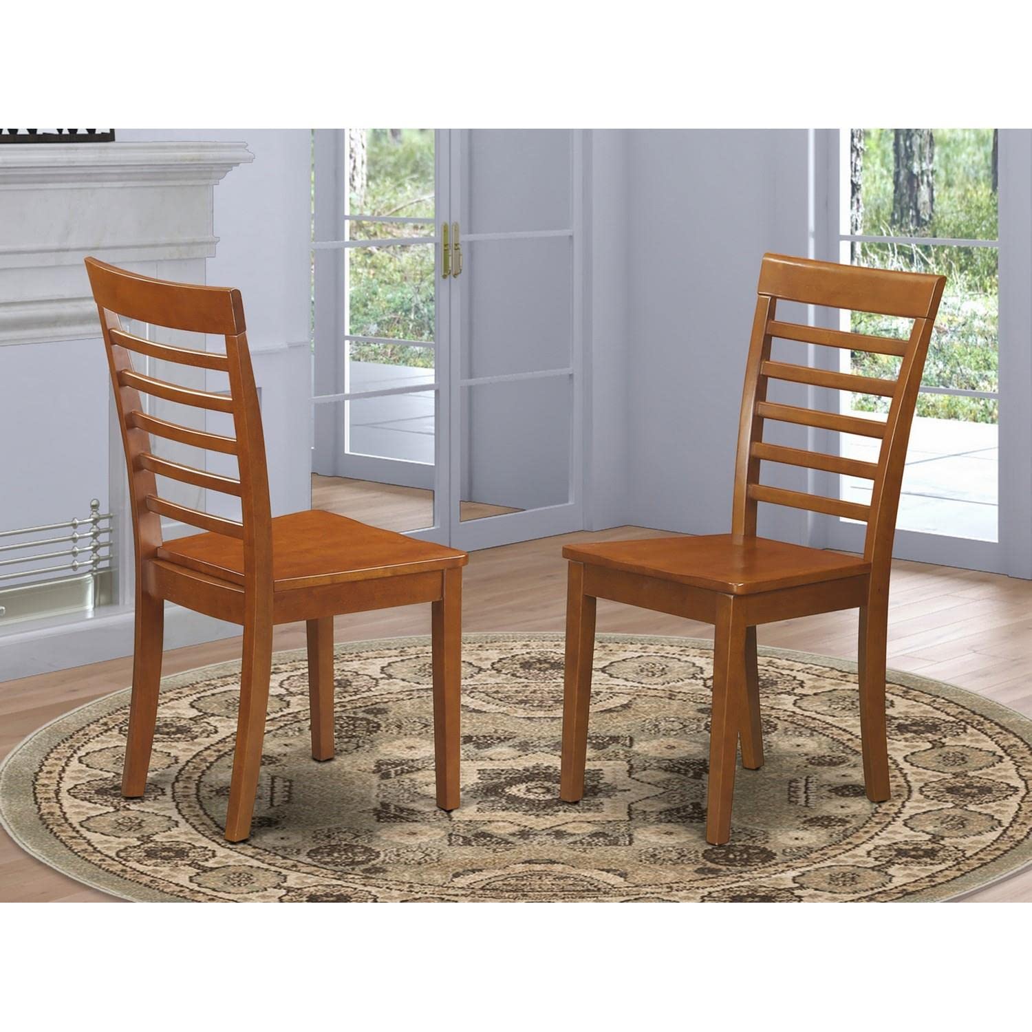 East West Furniture MLC-SBR-W Milan Kitchen Dining Chairs - Ladder Back Solid Wood Seat Chairs, Set of 2, Saddle Brown
