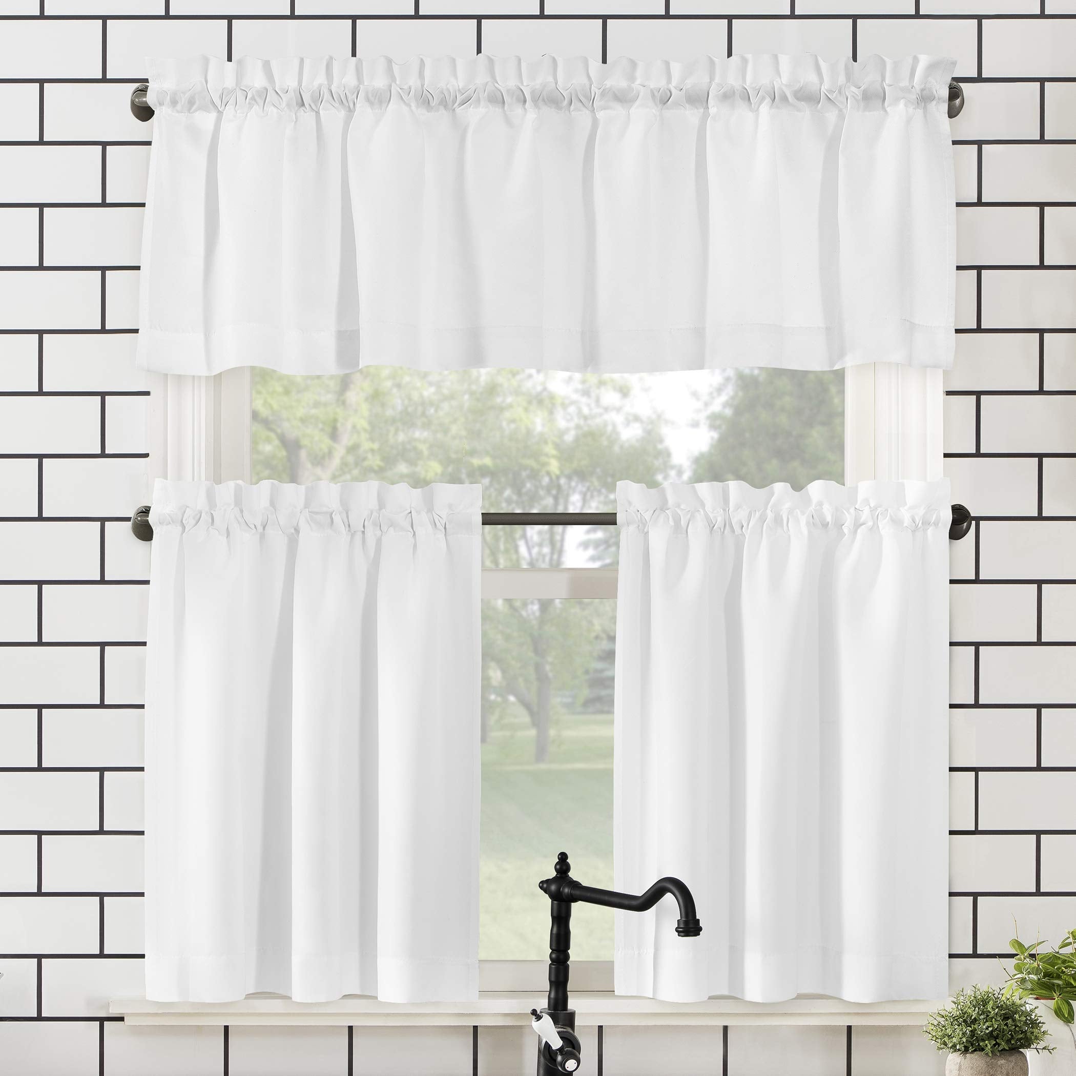 No. 918 Martine Microfiber Semi-Sheer Rod Pocket Kitchen Curtain Valance and Tiers Set, 54 x 36, White