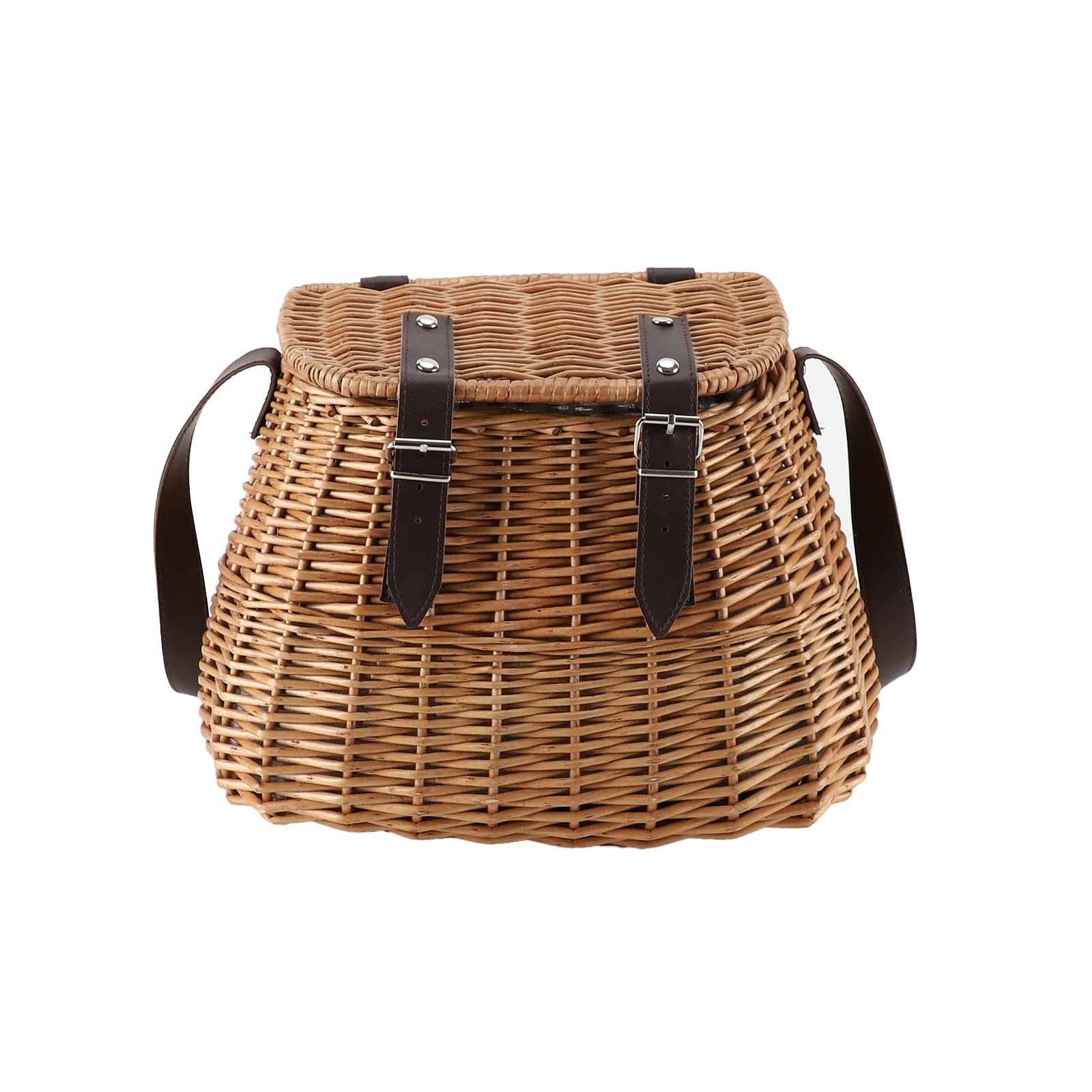 Wicker Picnic Basket, Fishing Creel Basket, Carrying Gift Basket With Lid And Shoulder Strap