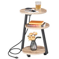 BEWISHOME Round End Table with Charging Station, Side Accent Table with 3-Tier Shelves, Small Couch Table for Living Room Greige
