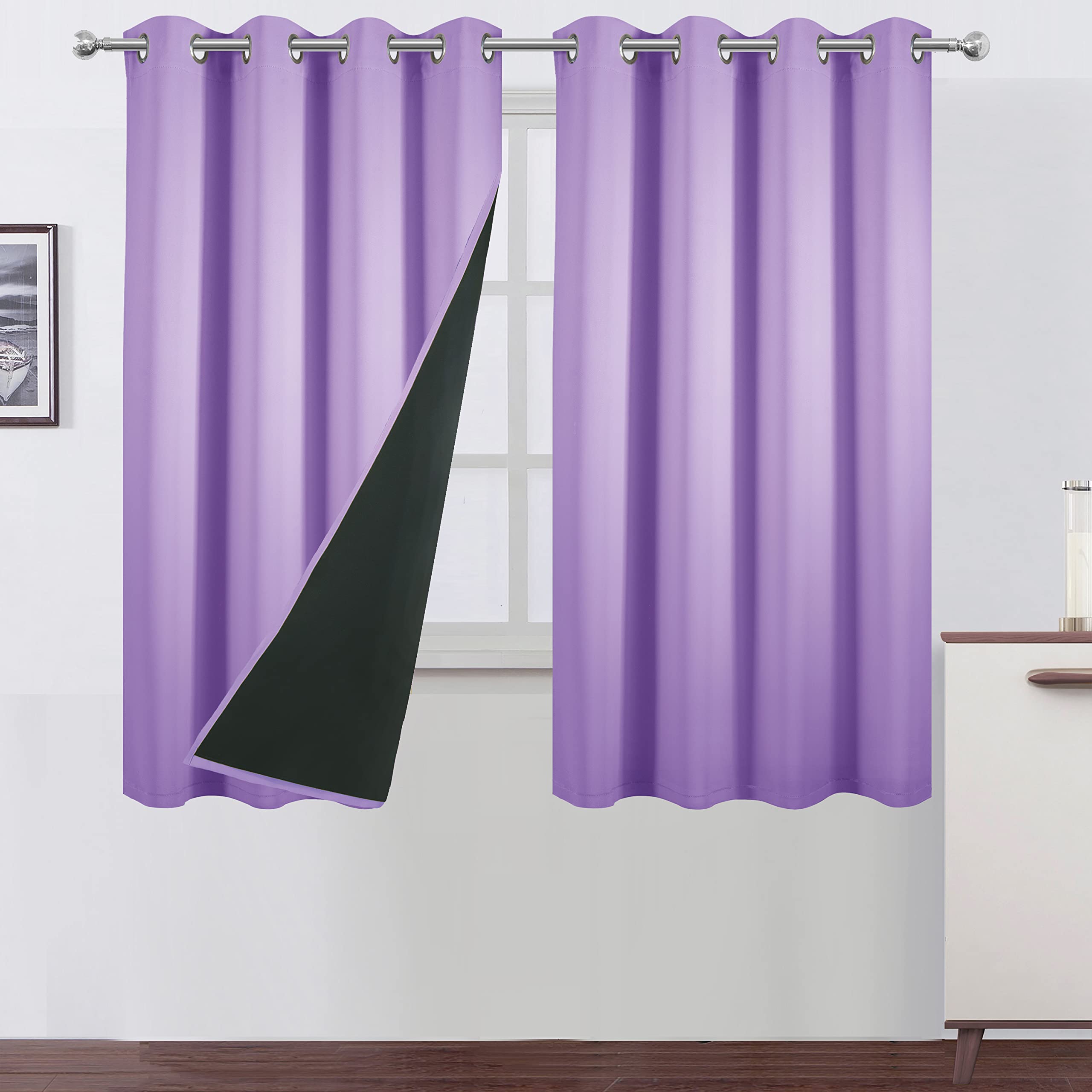 LEMOMO 100% Blackout Curtains 52 x 63 Inch/Lavender Curtains 2 Panels with Black Lining Room Darkening Thermal Insulated Bedroom