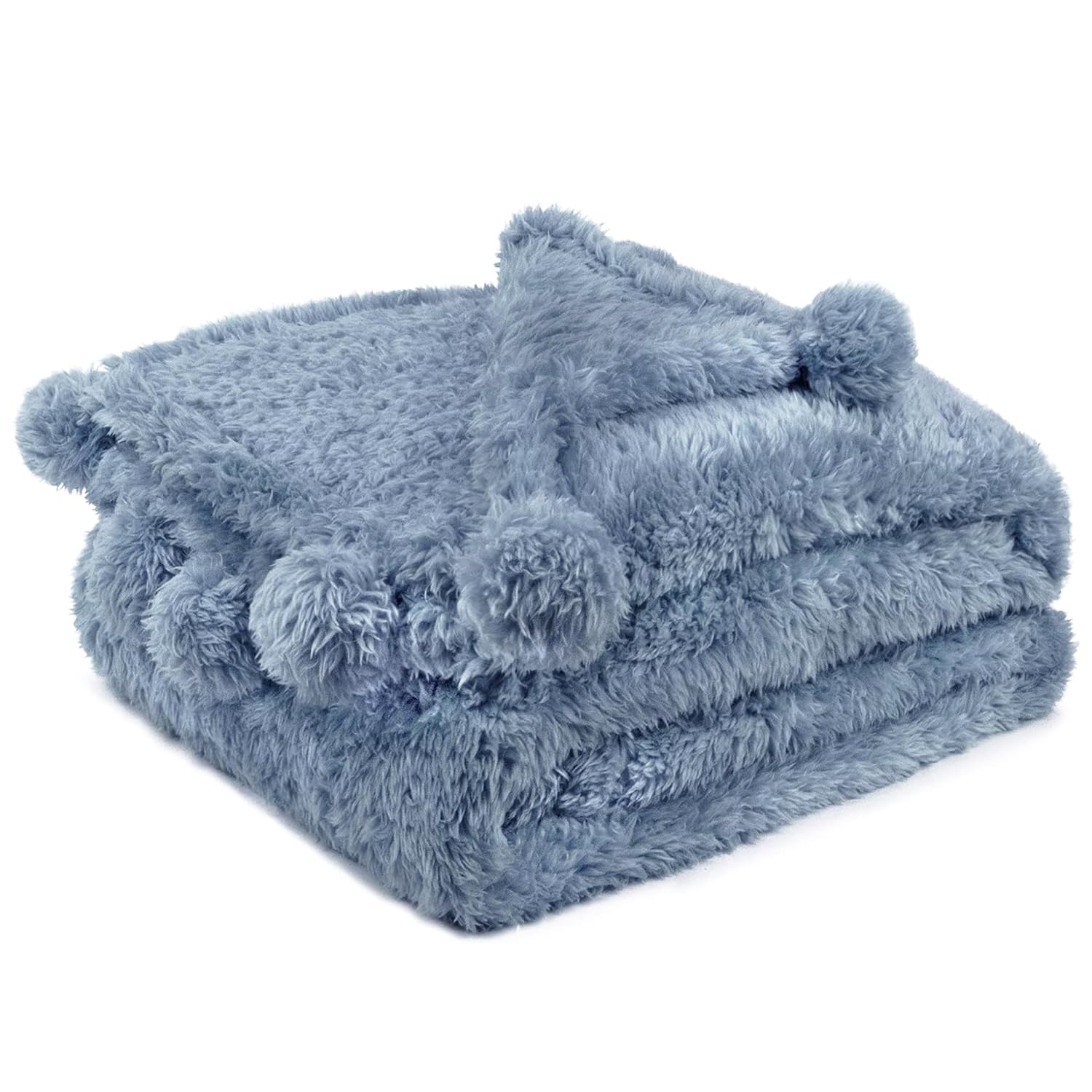 Pavilia Blue Sherpa Throw Blanket For Couch, Warm Plush Pom Pom Blanket Throw Twin, Dusty Blue Fuzzy Sofa Blanket Throw For Bed,