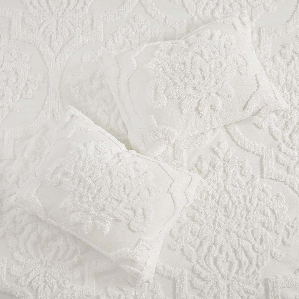 Madison Park Tufted Chenille Cotton Comforter, All Season Bedding Set, Matching Shams, Viola, Damask Off White King/Cal King(104'X92') 3 Piece