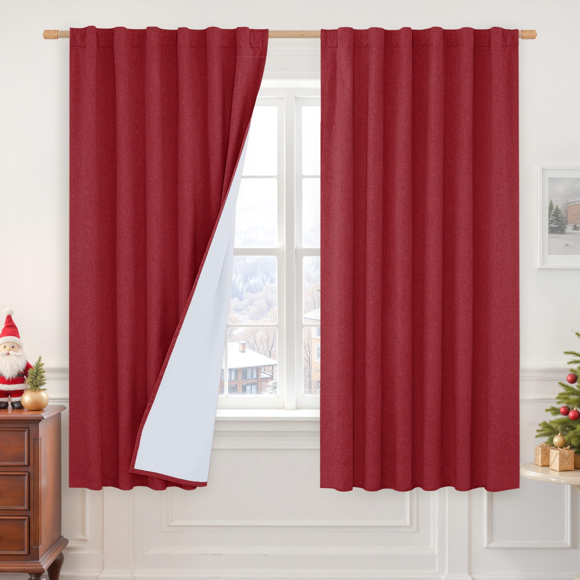 LAMIT 100% Blackout Red Linen Curtains, 63 Inches Linen Textured Thermal Bedroom Drapes Back Tab and Rod Pocket Christmas Panels