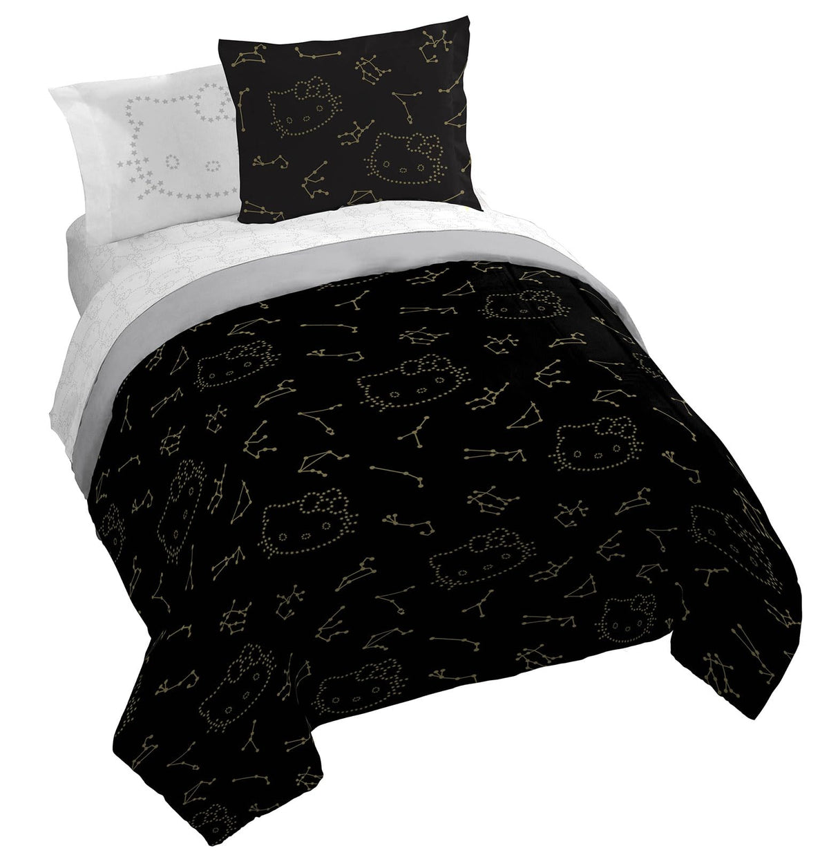 Jay Franco Hello Kitty Stars Queen Comforter Set - 7 Piece Bedding Includes Sheet Set & Pillow Covers - Super Soft Zodiac Black