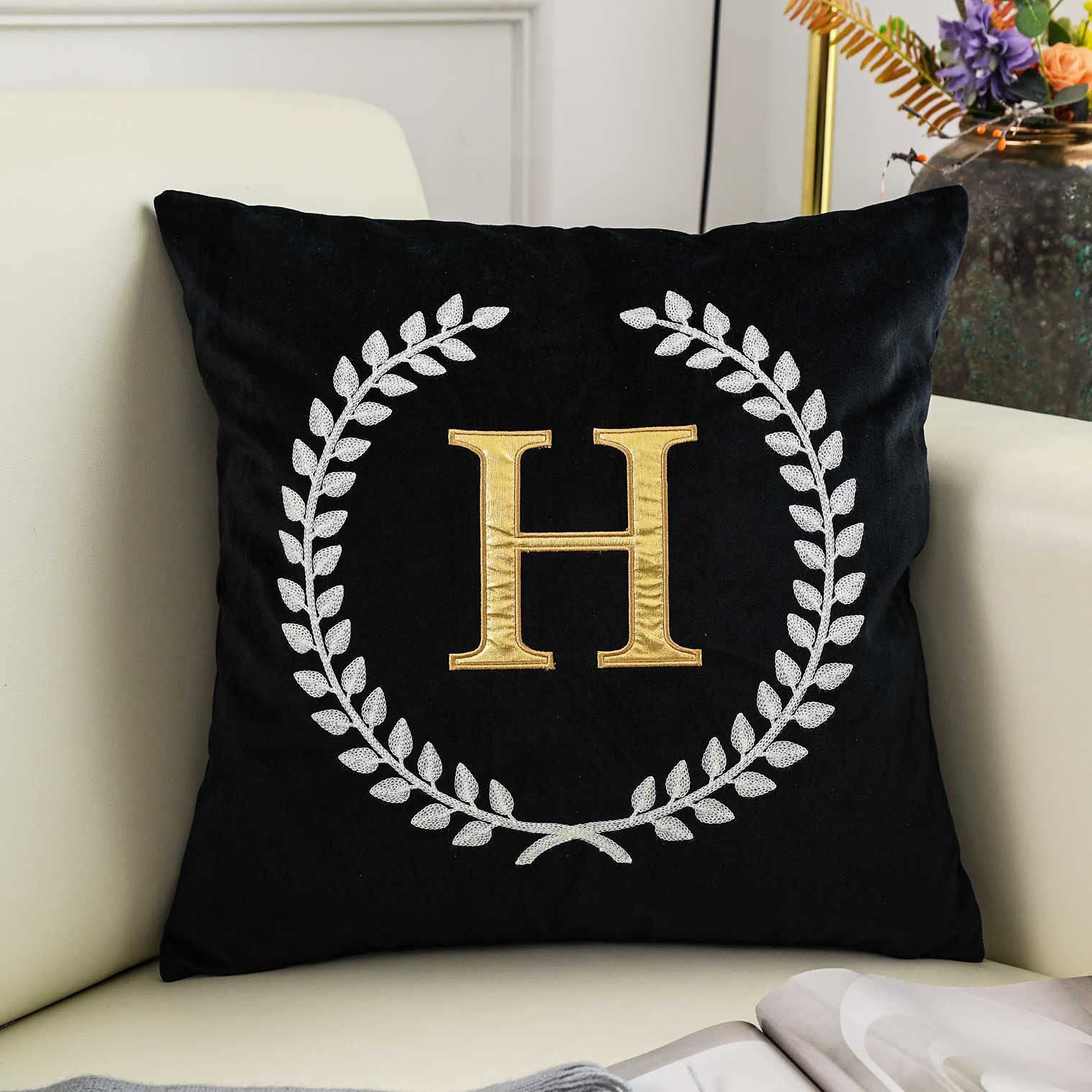 Decopow Black Velvet Throw Pillow Cover, Personalized Letter Embroidery Square 18 Inches Decorative Pillow Cover,Cover Only (H)