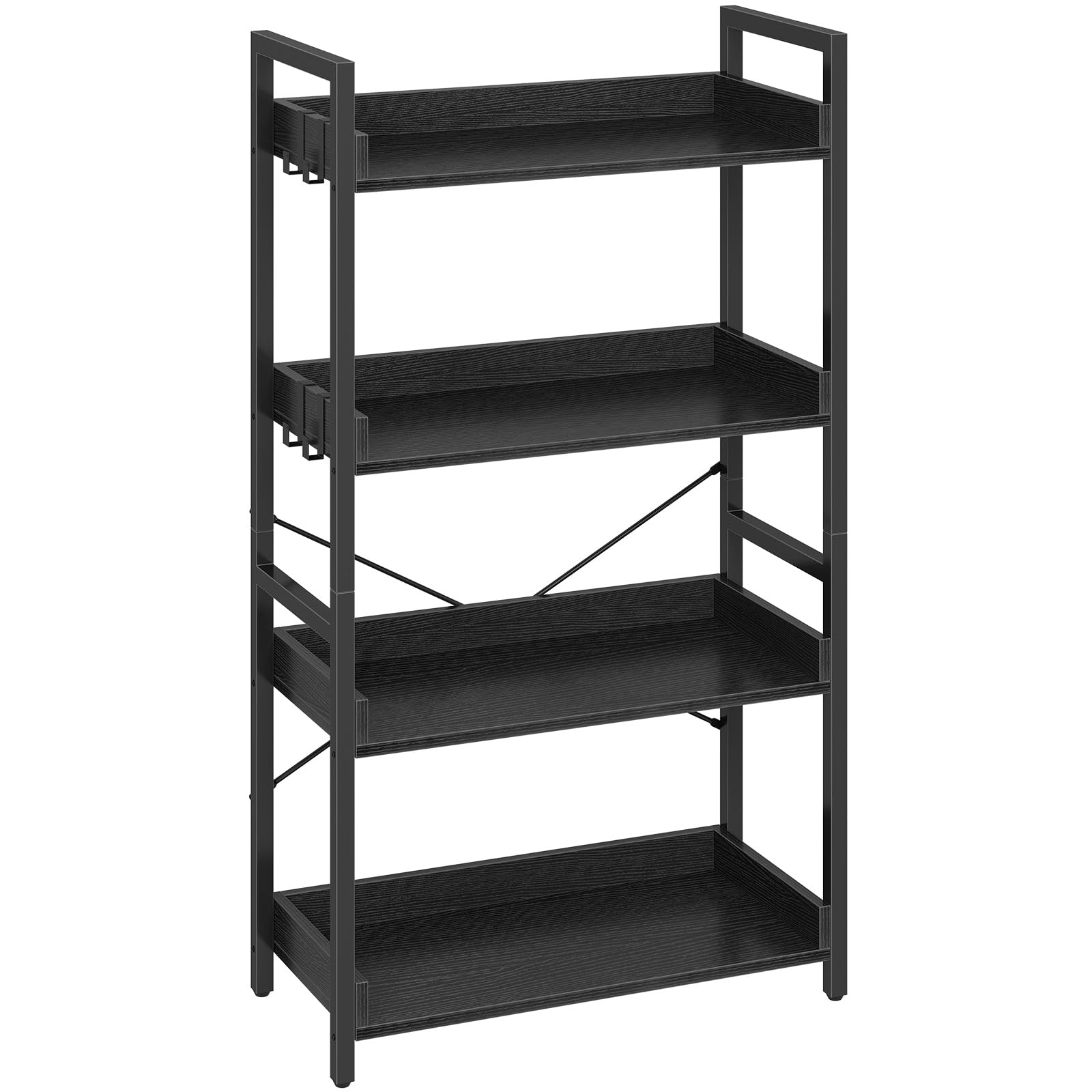Rolanstar Bookshelf 4 Tier with 4 Hooks, Industrial Wood Bookcase, Vintage Storage Rack with Open Shelves, Rustic Standing Books