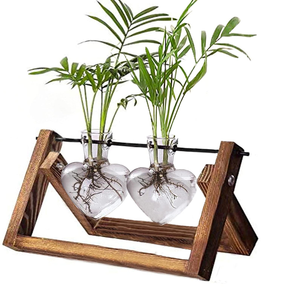 Kingbuy Glass Desktop Planter With Retro Wooden Stand And Plant Terrarium Vase (2 Hearts) For Indoor Home Office Desk Decor Acce