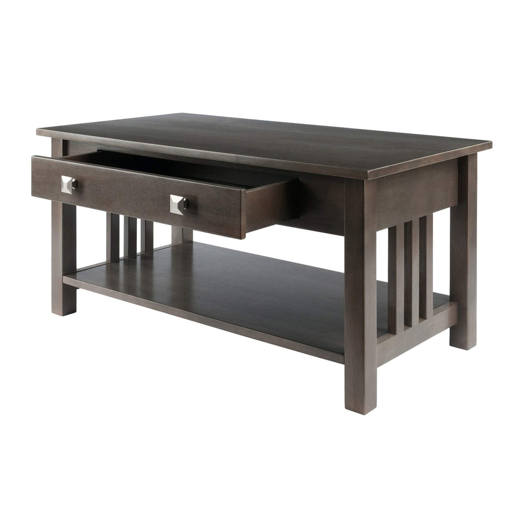 Ergode Wood Stafford Coffee Table | Oyster Gray Finish | Slatted Side Panels | Full-Size Drawer | Lower Shelf | Solid & Composite Wood (16040-VV)