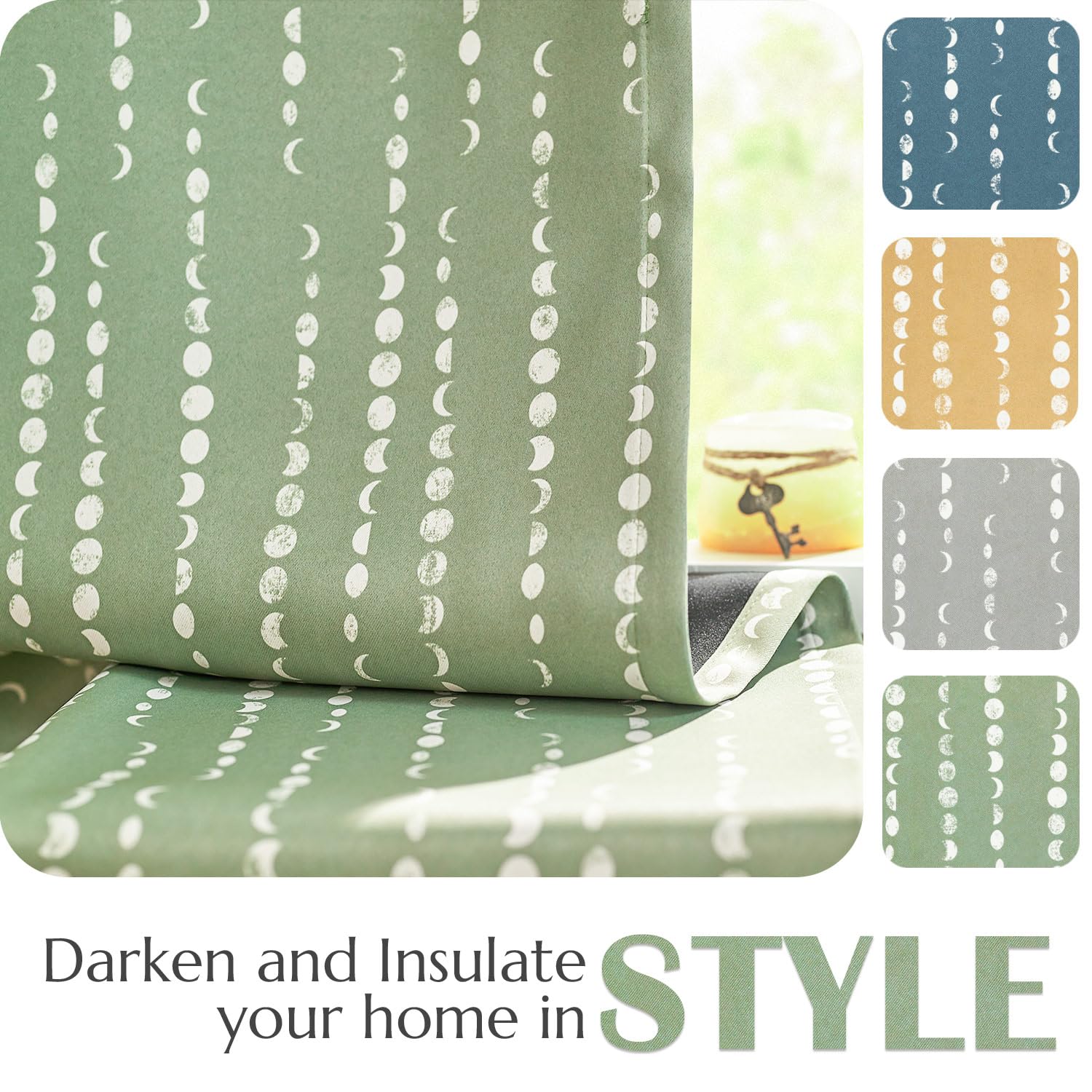 Jinchan 100% Blackout Boho Curtains Moon Phases Printed Bedroom Curtains 90 Inches Long Sage Green Drapes Rod Pocket Back Tab Thermal Insulated Curtains For Nursery Window Drapes Curtain Set 2 Panels