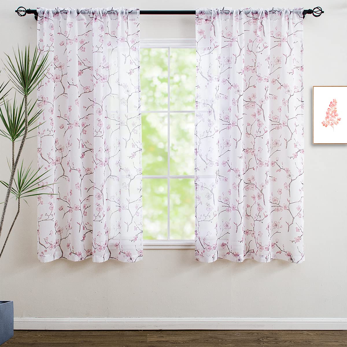 Linentalks Floral Pink Sheer Curtains 63 Inches Long 2 Panels Set, Cherry Blossom Semi Sheer Blush Curtains For Living Room, Rod
