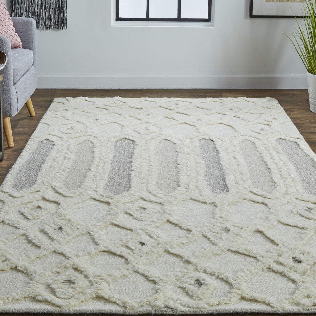HomeRoots 512811 8 x 10 ft. Ivory Taupe & Tan Wool Geometric Hand Tufted Handmade Stain Resistant Rectangle Area Rug