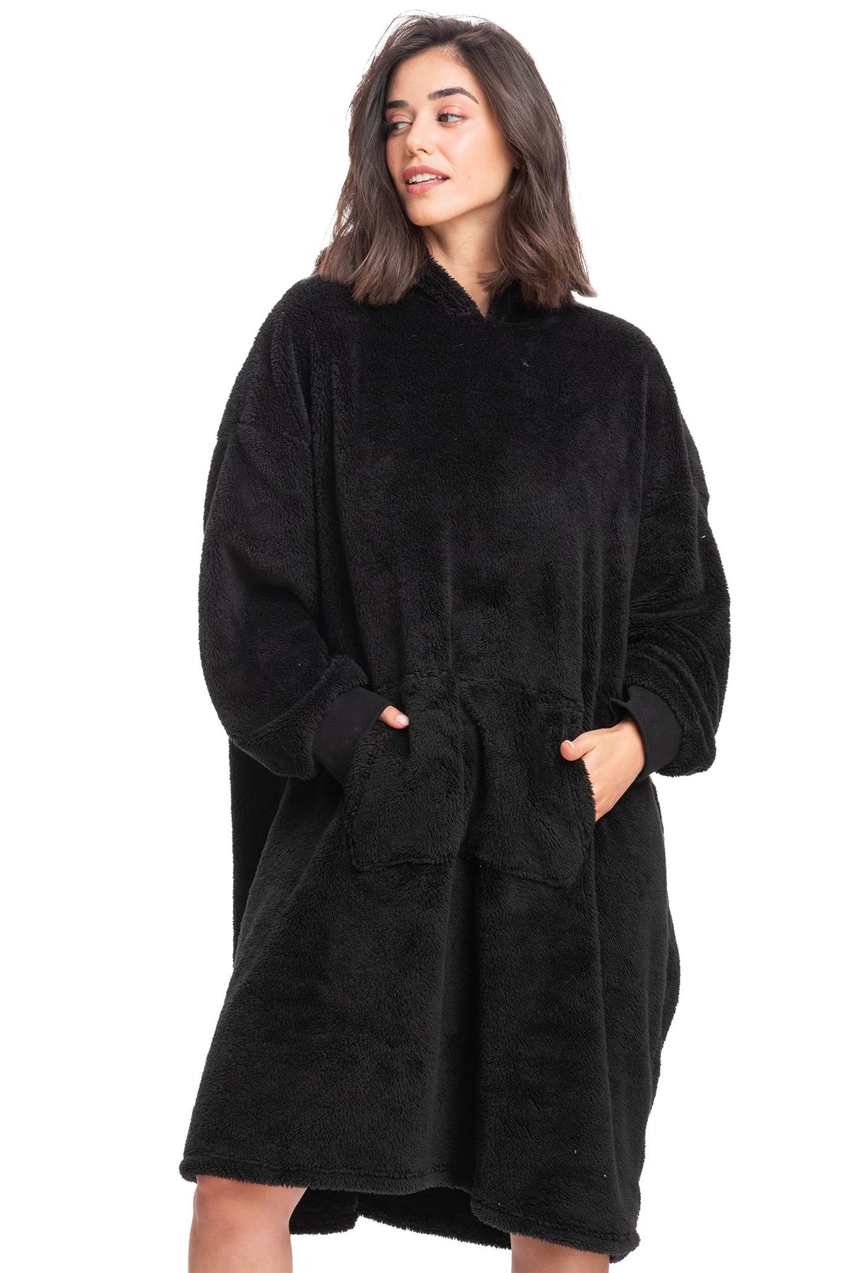 Mad Dog Sherpa Fleece Wearable Blanket Hoodie For Adult Women With Long Sleeves, Cozy Hooded Poncho Jacket, Black
