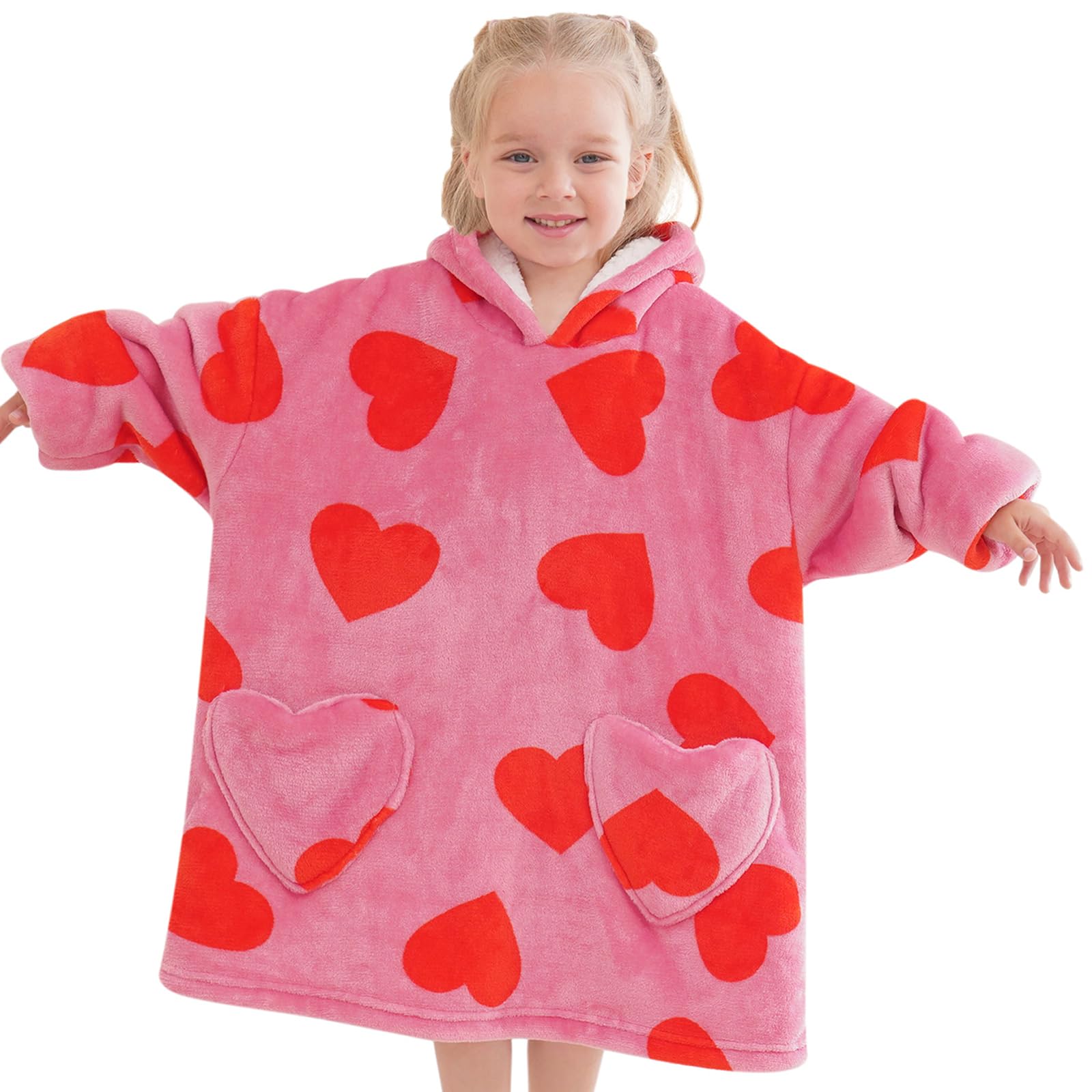 Mewkou Wearable Blanket Hoodie For Kids Oversized Sherpa Blanket Hoodie For Kids Boys Girls Toddler 2-6Yr,Heart