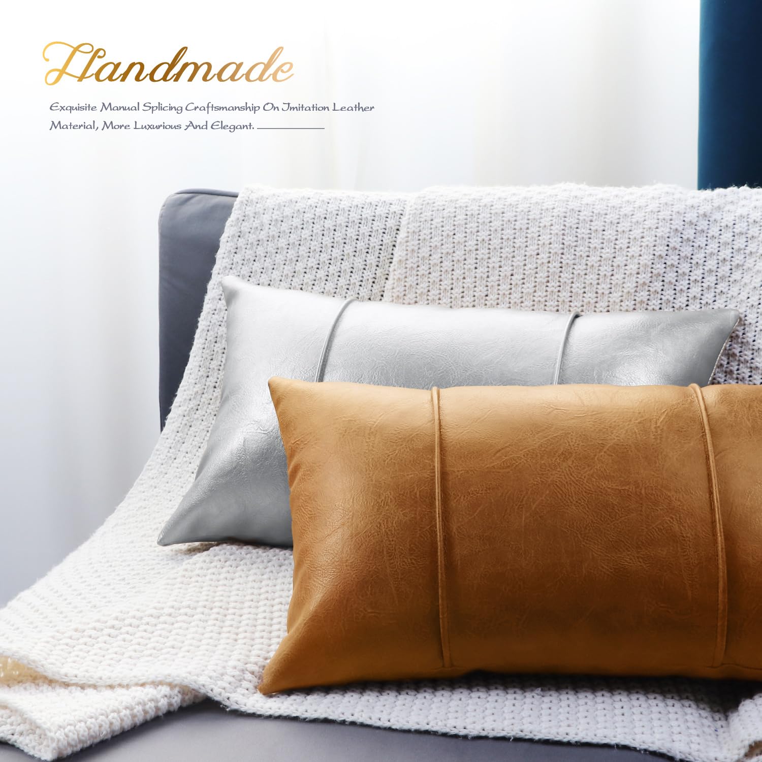 Brawarm Tan Leather Throw Pillow Covers 12 X 20 Inches - Faux Leather Lumbar Pillow Cover With Piping, Hand Stitched Leather Thr
