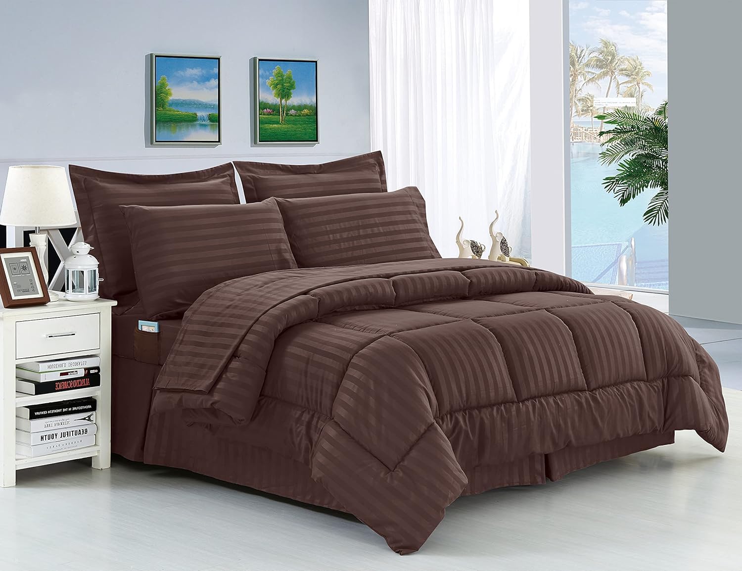 Elegant Comfort Silky Soft 8-Piece Dobby Stripe Bed-In-A-Bag Comforter Set, Includes 4Pc Smart Sheet Set, Bed Skirt, Comforter, Matching Pillowcases And Shams - Twin/Twin Xl, Chocolate Brown