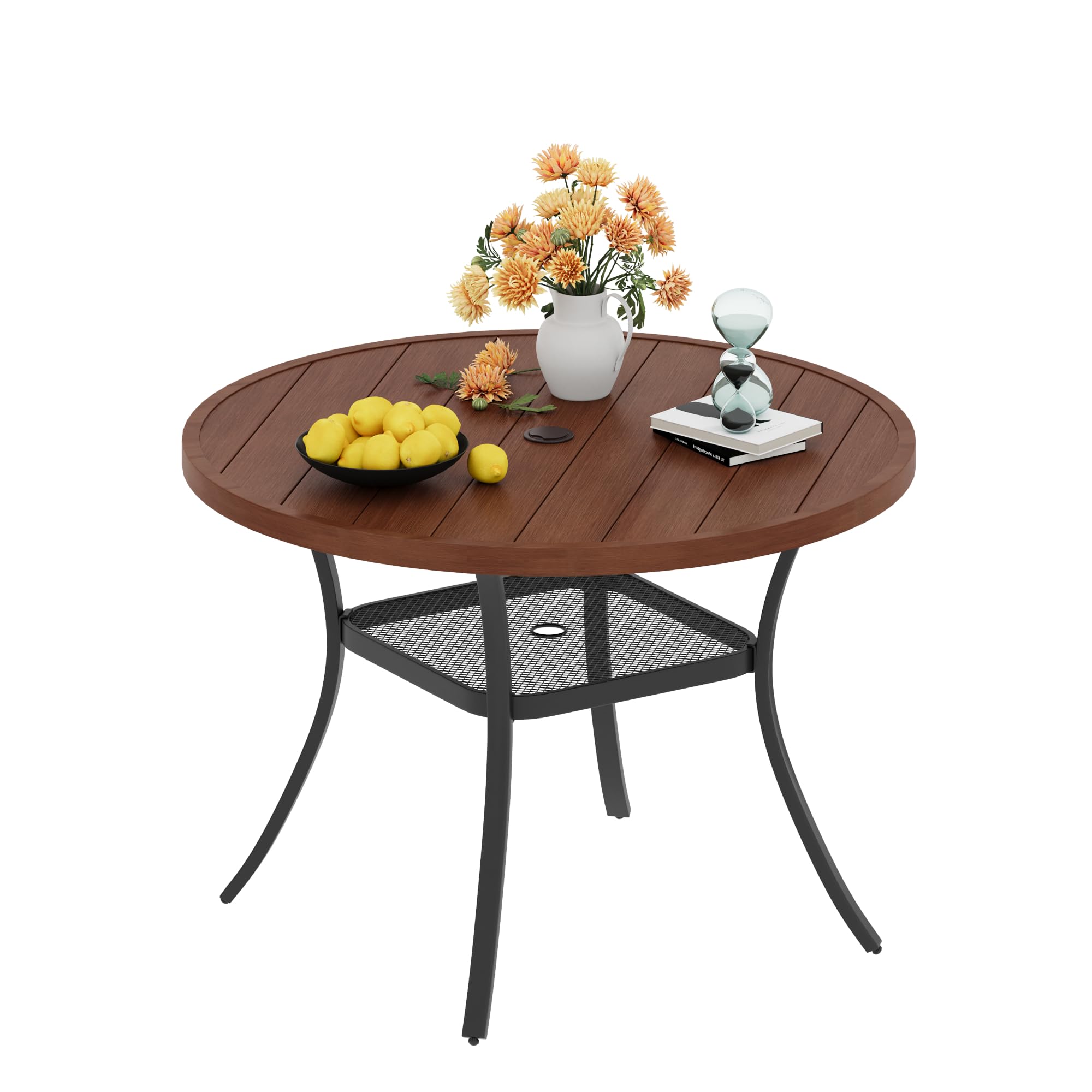 Vicllax Round Patio Dining Table, 4 Person Metal Outdoor Dining Table With Umbrella Hole & Storage Shelf For Garden Lawn Deck, 42' Walnut