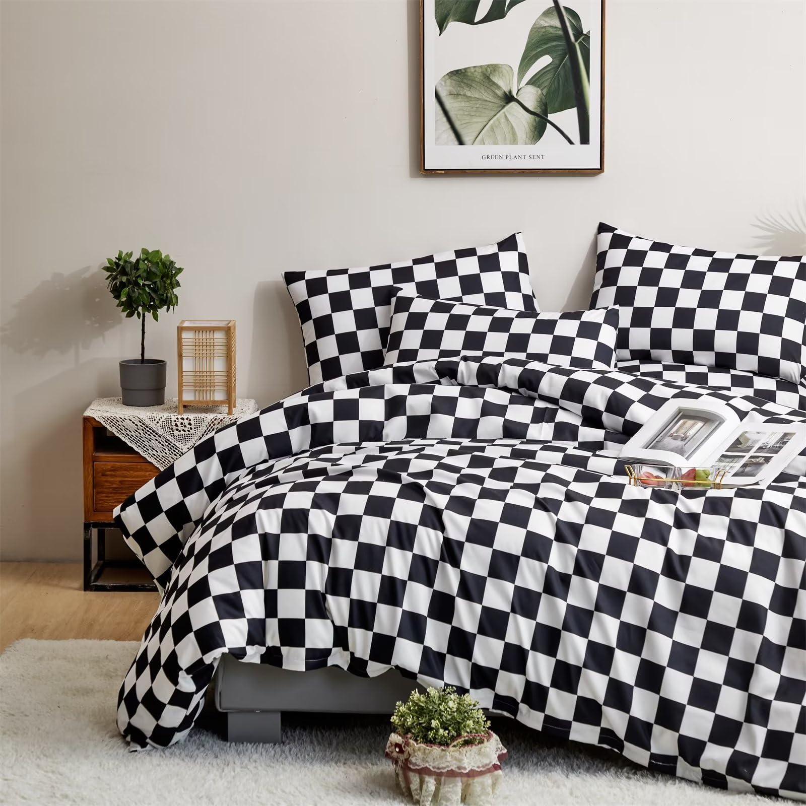 Houseri Black And White Plaid Comforter Set King Black Grid Bedding Comforter King Size Men Women Modern Checkerboard Comforters