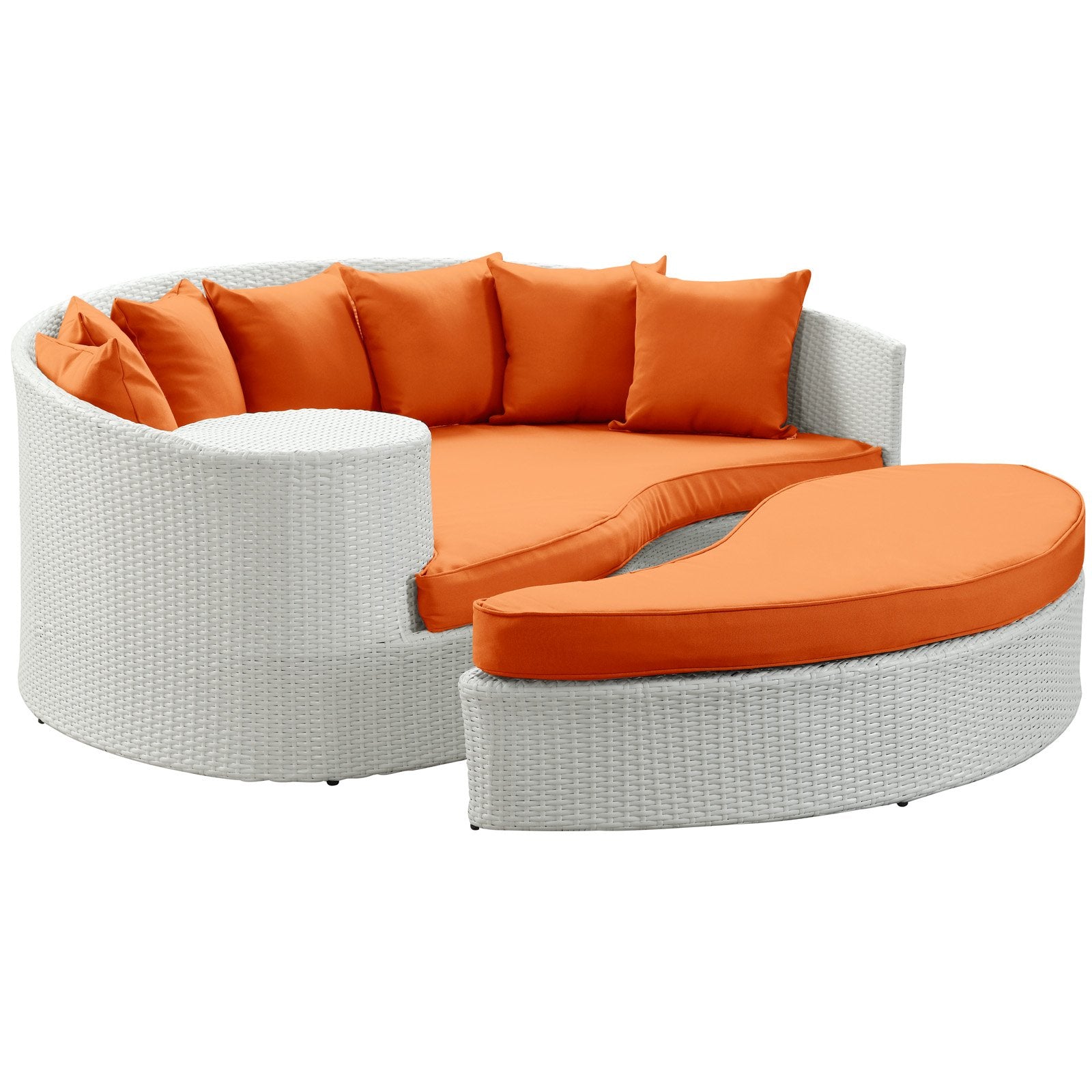 Lexmod Taiji Outdoor Wicker Patio Daybed With Ottoman In White With Orange Cushions