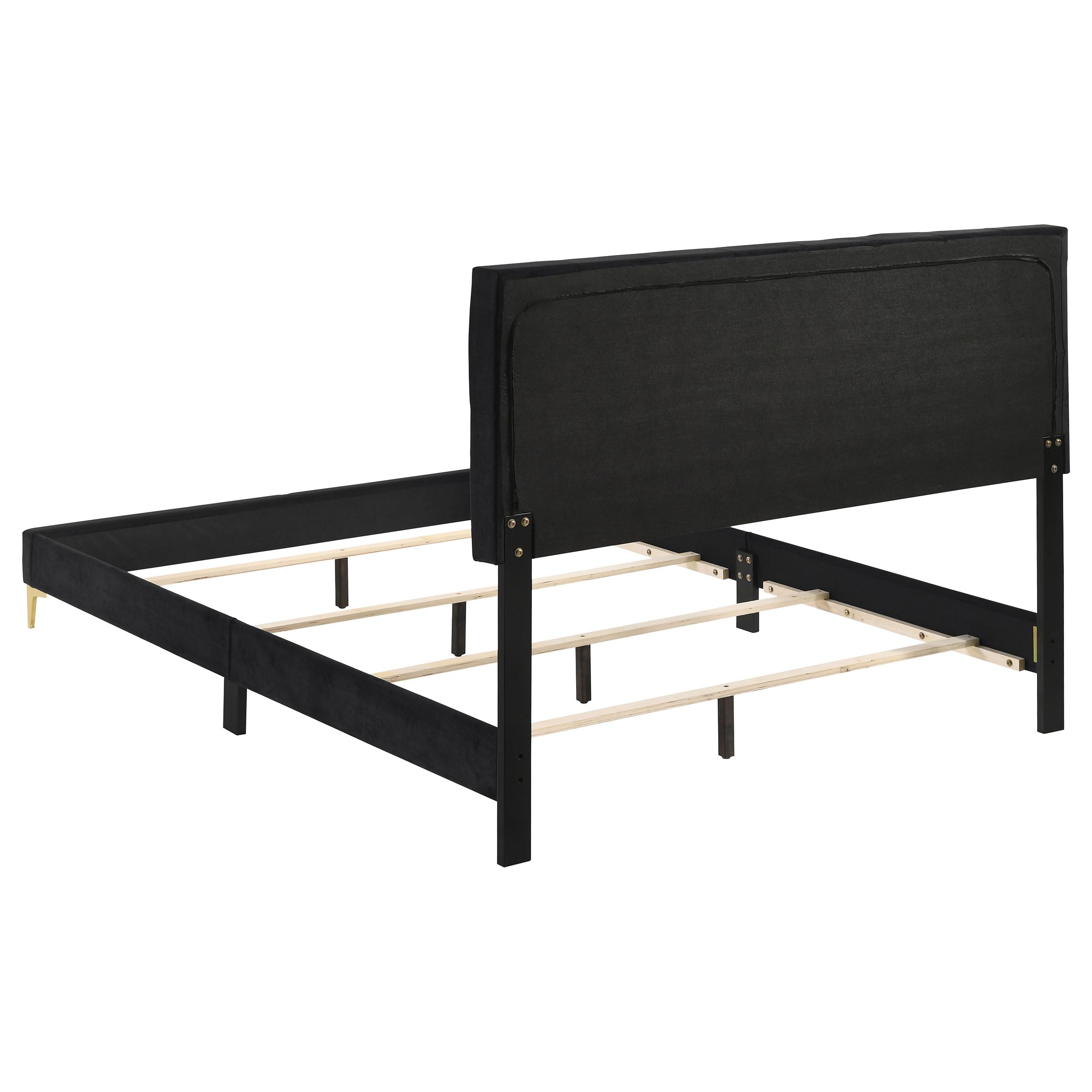 Coaster Home Furnishings Kendall 49-Inch Upholstered Bed Queen Size Modern Panel Bed Frame Velvet Upholstery Button Tufted with Gold Accents Black 224451Q