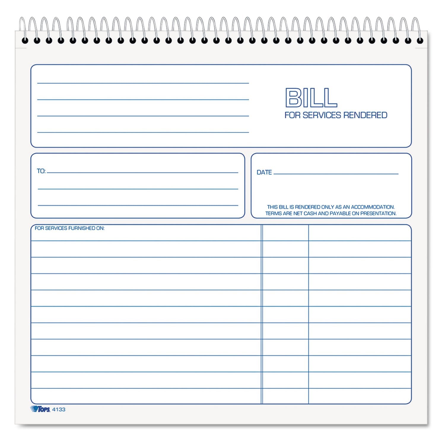 Tops 2-Part Carbonless Bill For Services Rendered Book, 8.5 X 8.25 Inches, 50 Sheets, White, (4133)