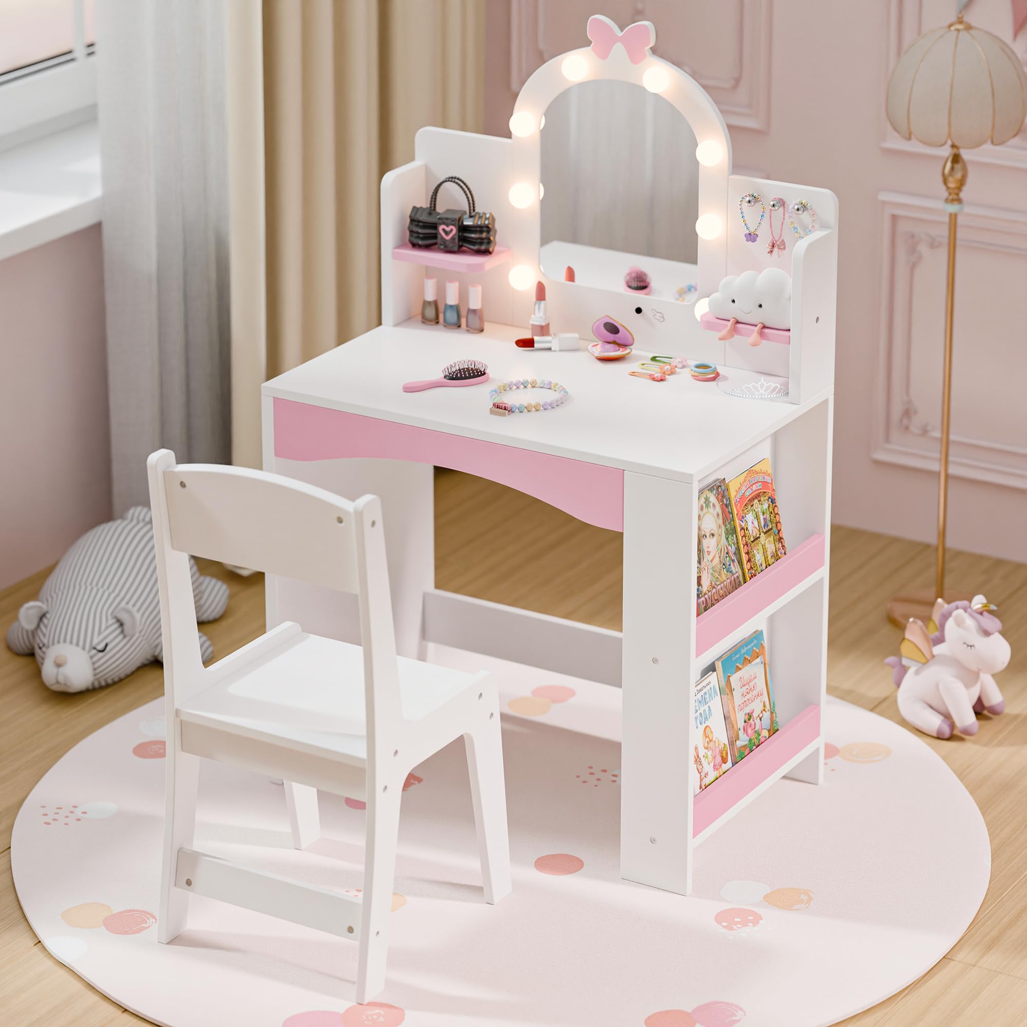 MU Kids Vanity with Lights, Princess Makeup Vanity Table and Chair Set ...