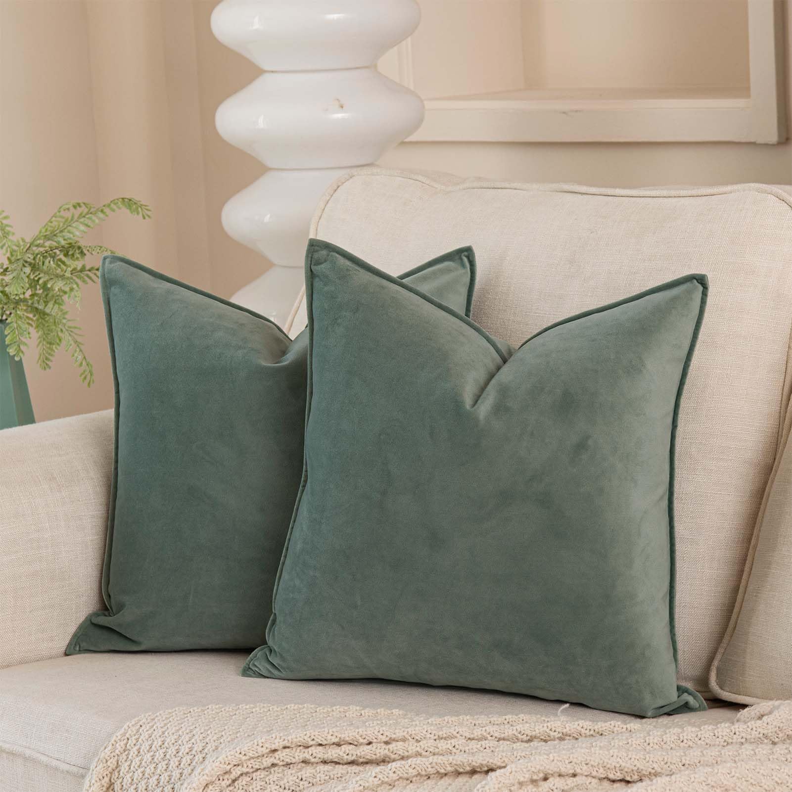 Juspurbet Sage Decorative Velvet Throw Pillow Covers 22X22 Inch Set Of 2,Broadside Soft Cushion Case With Invisible Zipper For S
